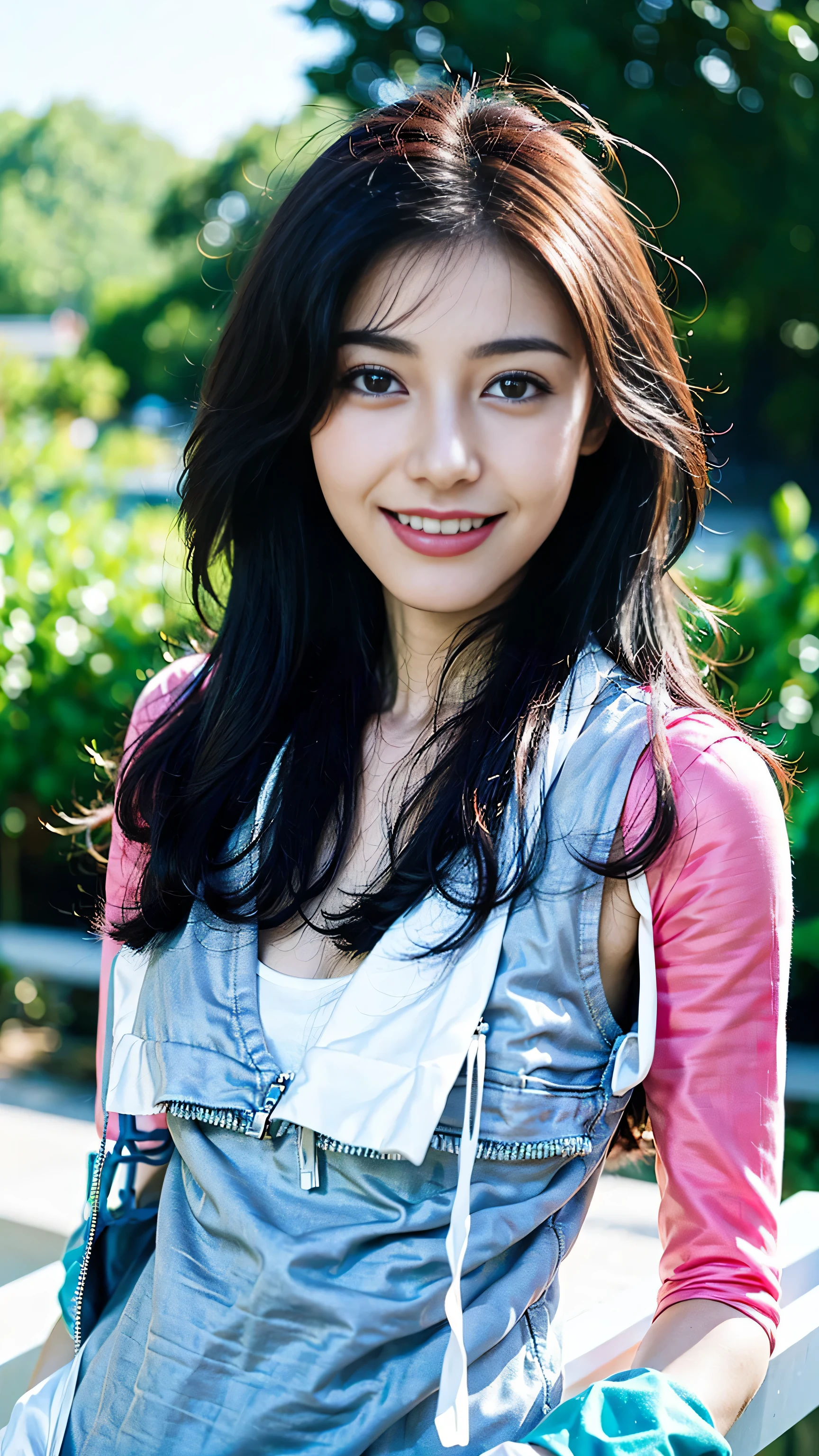 look at this and smile、Under the blue sky in midsummer、White casual clothes、best quality、Masterpiece、real picture、intricate details、original photo、super detailed、delicate face、delicate skin、8K masterpiece、( (1 girl))、((alone ))、((Towering chest) ))、18 years old、CG social trends、((long black hair))、((beautiful woman))、(a smile)、Top Teeth、fashionable、hair blowing in the wind、((flowing hair))、fashion magazine、((a sexy))、((like the same light)、((indirect lighting)、、(gender)、grinning、(looking from a distance)