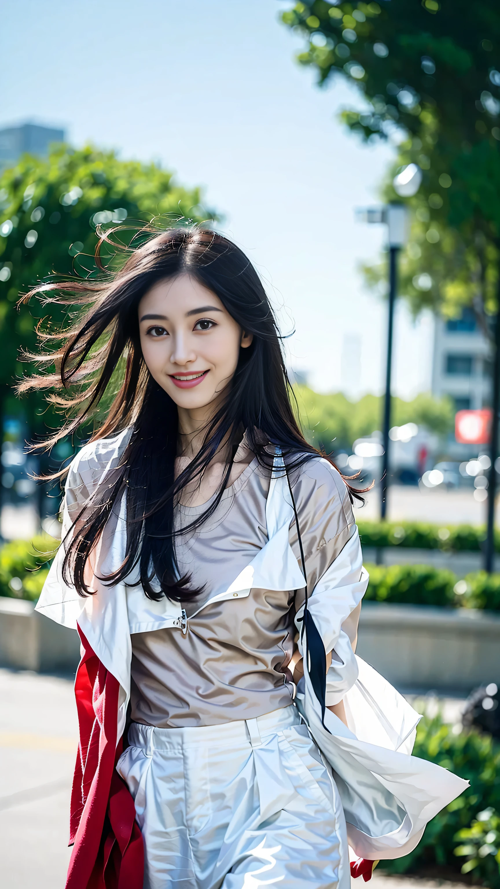 look at this and smile、Under the blue sky in midsummer、White casual clothes、best quality、Masterpiece、real picture、intricate details、original photo、super detailed、delicate face、delicate skin、8K masterpiece、( (1 girl))、((alone ))、((Towering chest) ))、18 years old、((long black hair))、((beautiful woman))、(a smile)、Top Teeth、hair blowing in the wind、((flowing hair))、((a sexy))、((indirect lighting)、grinning