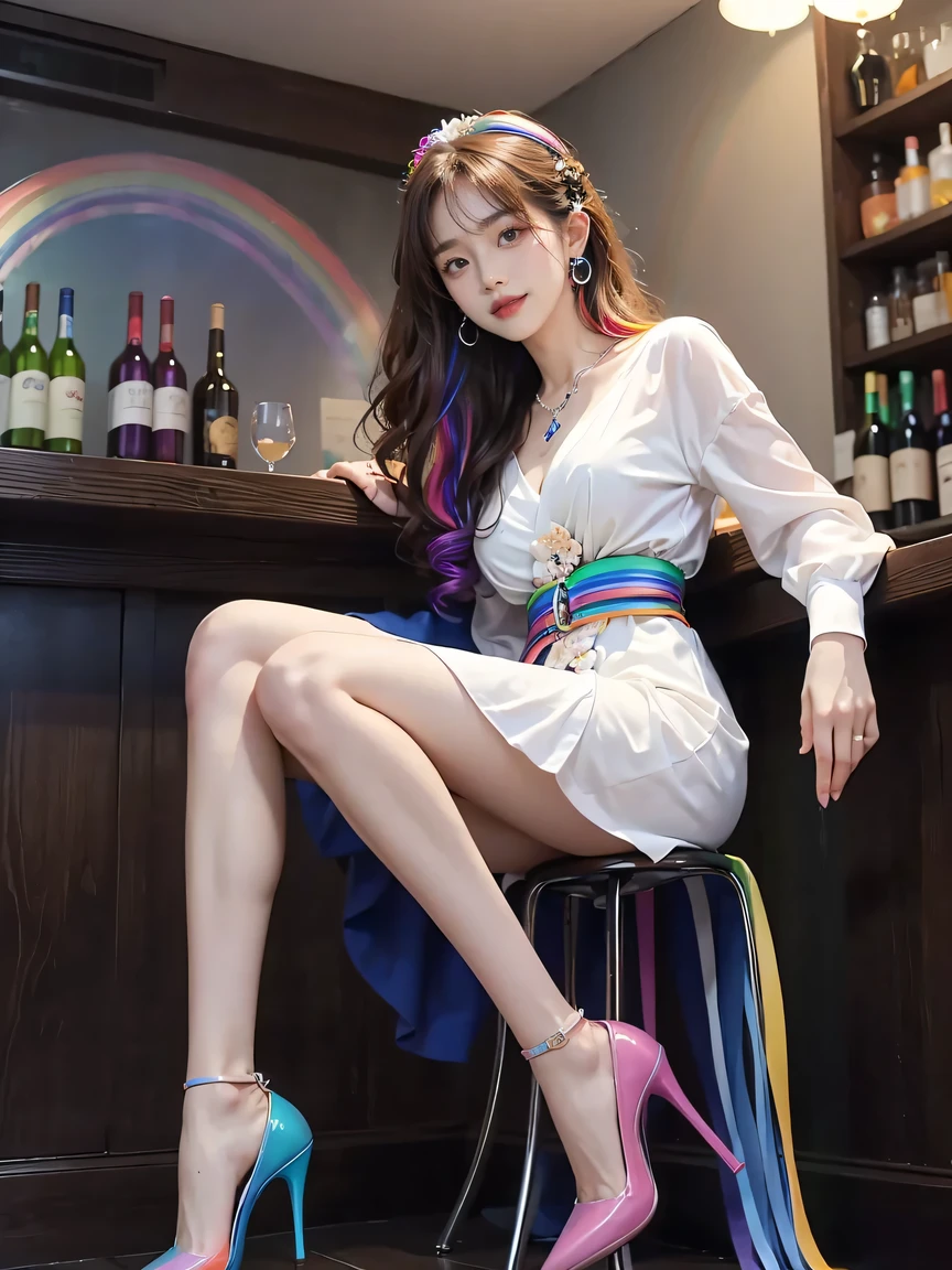 ((whole body)), ((from the side)), ((actual)), 1 Korean female model, A young girl, (in the bar, stand up, 站stand up, cross legs, Leaning against the bar), Pleasing posture, Various poses to attract attention, The legs are so long, Detailed scene, curls, air bangs, beautiful hair accessories, brown hair, Light makeup, blush blush, lip gloss, ((White floral dress, high waist, nice belt, High heel)), warm light, (Rainbow all colors: 1.8), warm color palette, Delicate color saturation, detailed details, super detailed, (masterpiece, best quality), (Extremely exquisite and beautiful work), exquisite earrings, exquisite necklace, simple blurr background, extremely detailed description, Ultra-fine painting, delicate face, slim, thin waist, (Smile), (anatomically correct)