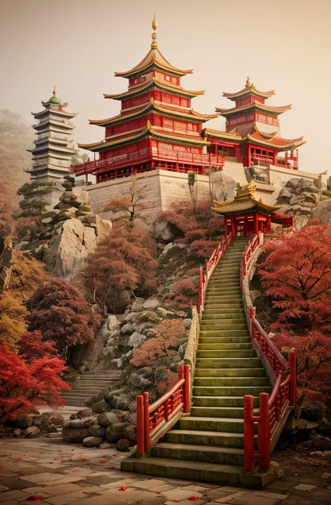 chinese wooden pagoda, stone chair, green stone step, two beautiful flower rows in front of the pagoda, red leaf tree 