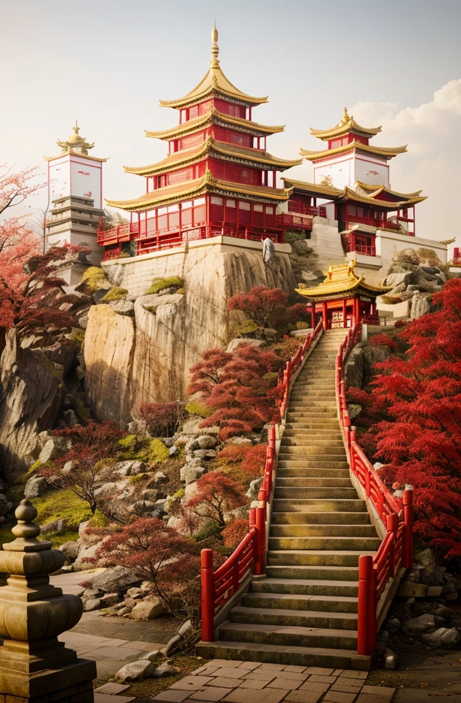 chinese wooden pagoda, stone chair, green stone step, two beautiful flower rows in front of the pagoda, red leaf tree