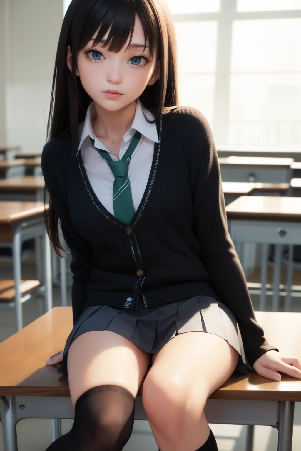 shibuya rin, black hair, (green eyes:1.5), long hair, break black skirt, black socks, collared shirt, green tie, knee high, long sleeve, miniskirt, tie, pleated skirt, , shirt, skirt, socks, striped, striped tie, white shirt, wing collar, break indoors, classroom, break looking at viewer, break (masterpiece:1.2), highest quality, High resolution, unity 8k wallpaper, (shape:0.8), (beautiful and detailed eyes:1.6), highly detailed face, perfect lighting, Very detailed CG, (perfect hands, perfect anatomy),