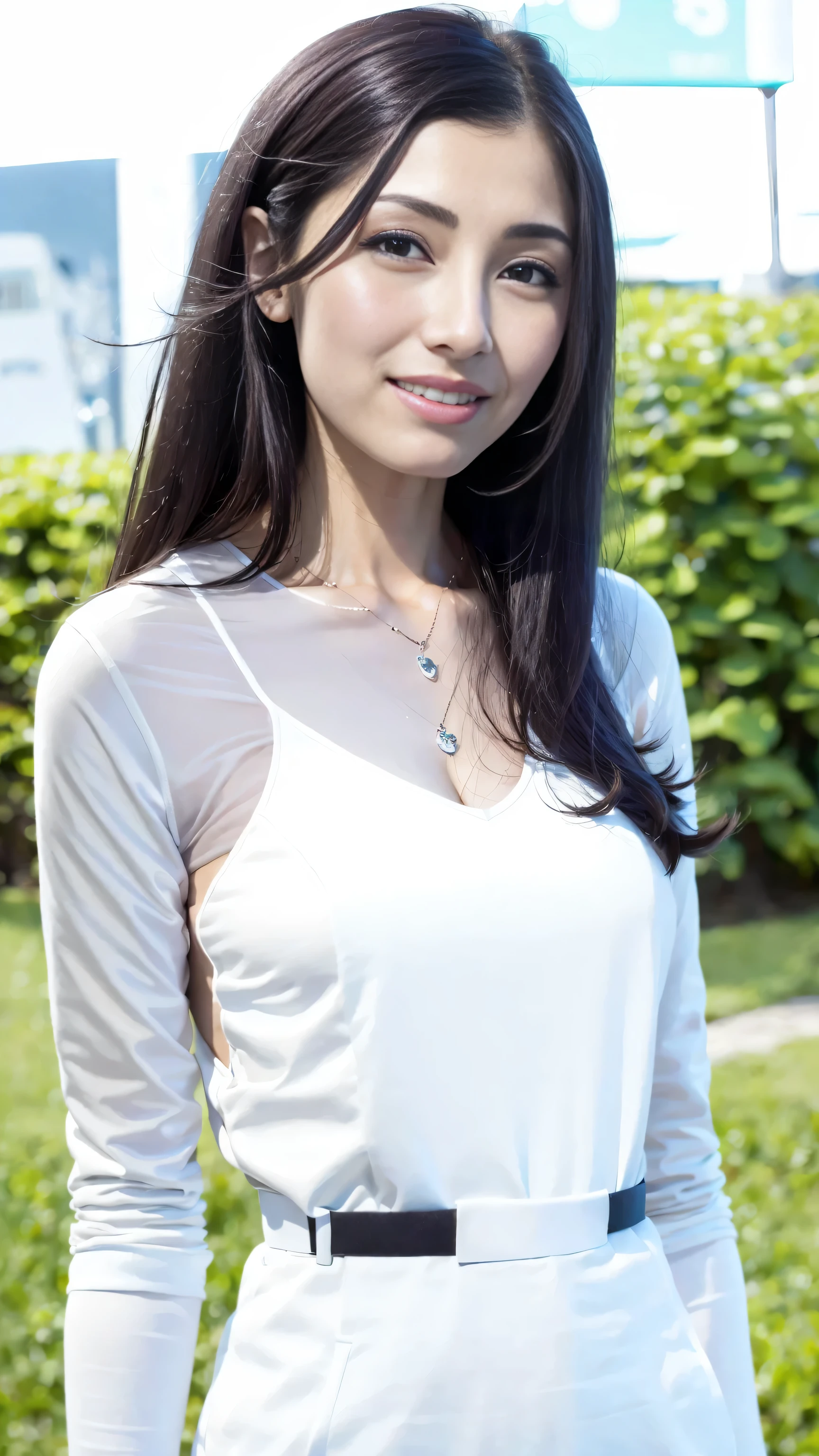 look at this and smile、Under the blue sky in midsummer、White casual clothes、best quality、​Masterpiece、real picture、original photo、super detailed、delicate face、delicate skin、8K masterpiece、((1 girl))、((alone))、((Towering chest))、18 years old、((long black hair))、((beautiful woman))、(a smile)、Top Teeth、hair blowing in the wind、((flowing hair))、((a sexy))、grinning