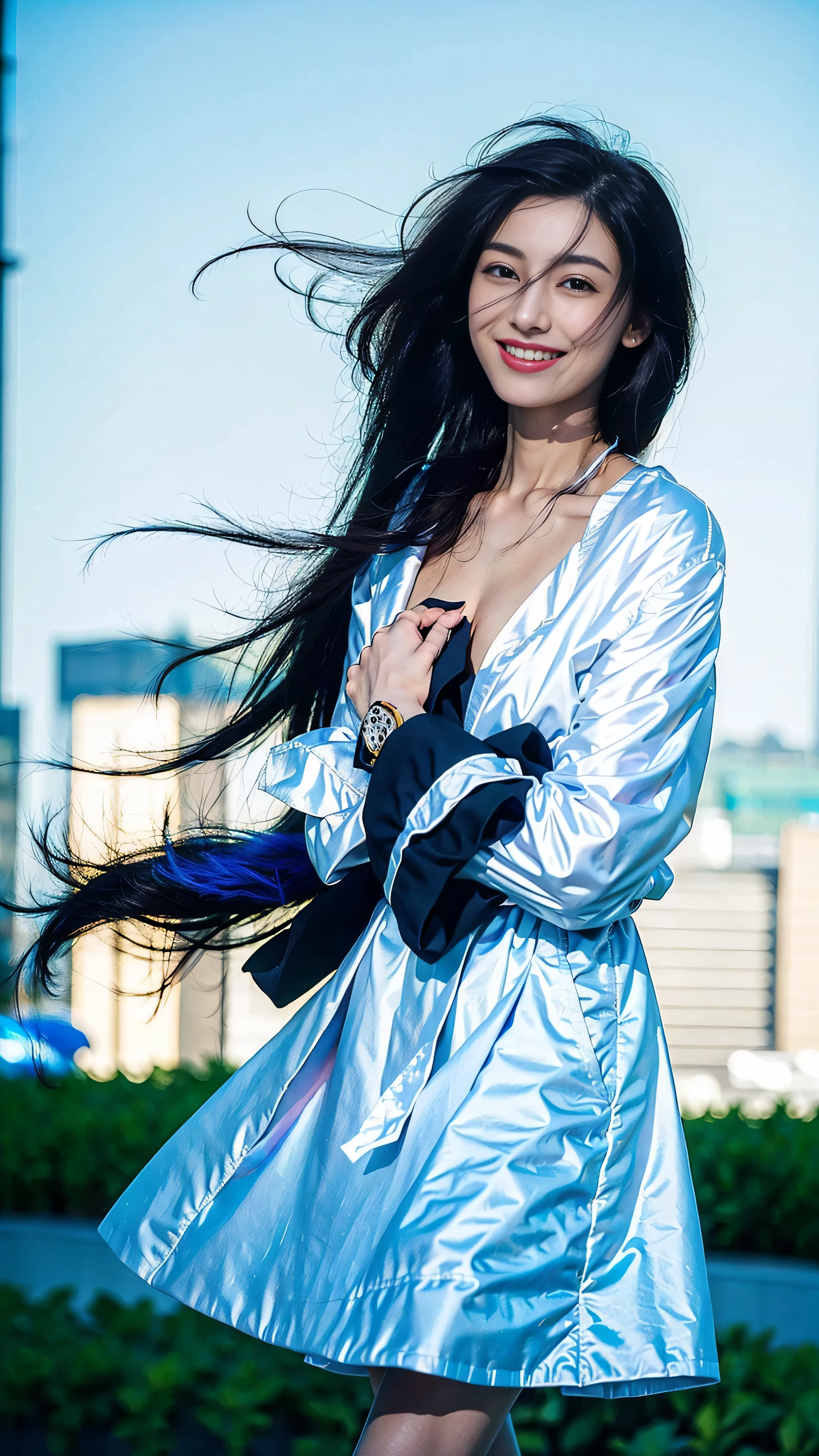 look at this and smile、Under the blue sky in midsummer、White casual clothes、best quality、Masterpiece、real picture、original photo、super detailed、delicate face、delicate skin、8K masterpiece、((1 girl))、((alone))、((Towering chest))、18 years old、((long black hair))、((beautiful woman))、(a smile)、Top Teeth、hair blowing in the wind、((flowing hair))、((a sexy))、grinning