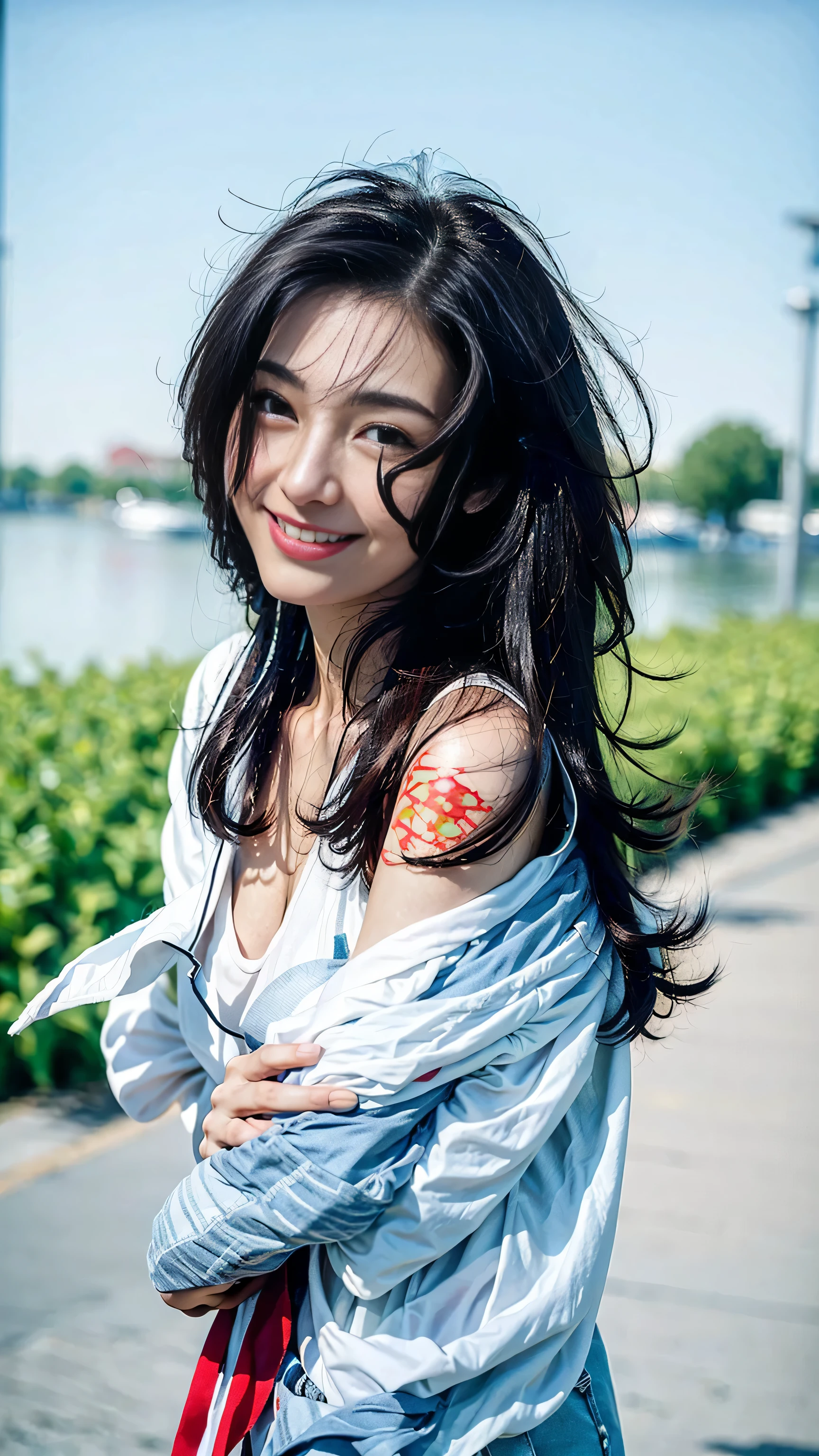 look at this and smile、Under the blue sky in midsummer、White casual clothes、best quality、Masterpiece、real picture、original photo、super detailed、delicate face、delicate skin、8K masterpiece、((1 girl))、((alone))、((Towering chest))、18 years old、((long black hair))、((beautiful woman))、(a smile)、Top Teeth、hair blowing in the wind、((flowing hair))、((a sexy))、grinning