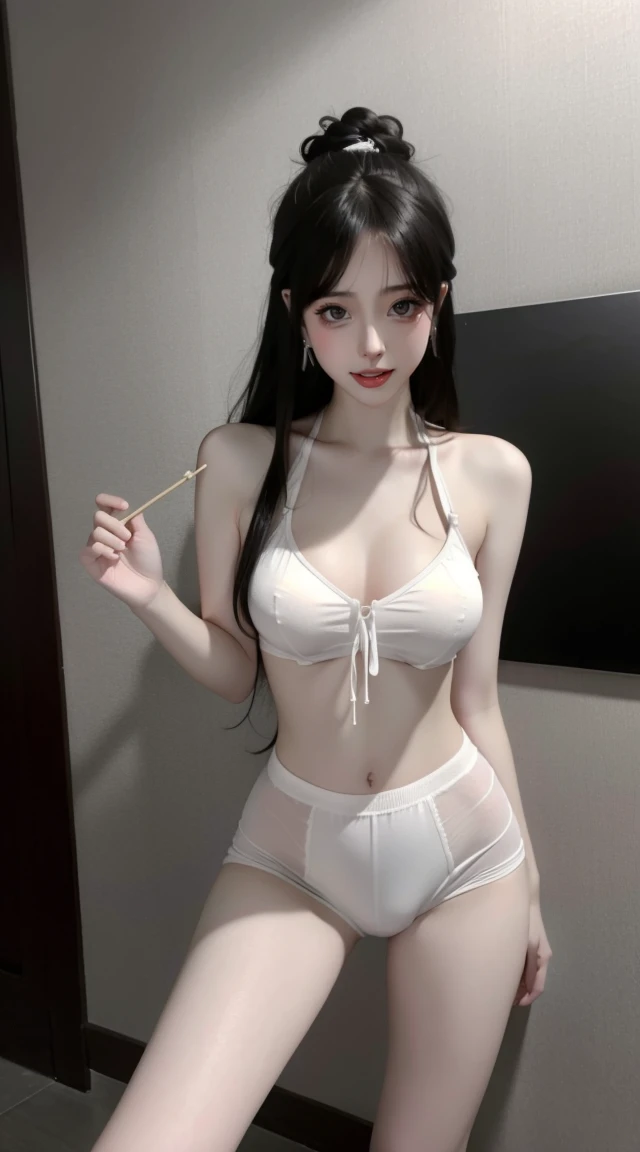 8k, Surrealism, masterpiece, best quality, super detailed, high resolution, random background, 1 girl, (:1.5), Yao Liu, wide hips, knees, night ,, ear nipple ring,Show crotch,white underwear,white,beautiful ,wheezing,stick out tongue