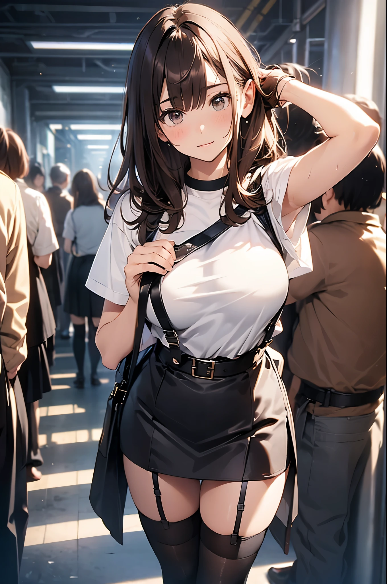 brown hair、looking at the viewer　　suspenders　　　Bulging big breasts　　 　 　　　　Black miniskirt　garter belt　knee high socks　　　　　　Gaze　　　small face　bangs 　　　　　Beauty　　hands up　　 　Gaze 　black boots 　provocation　　armpit sweat　one person 　　put your hands behind your back　cutter shirt　　Panty shot
