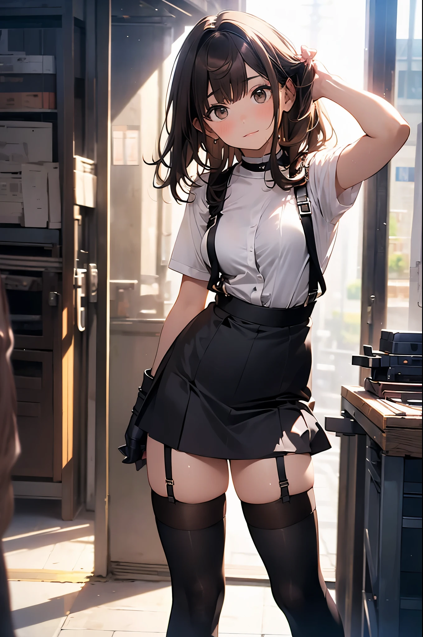 brown hair、looking at the viewer　　suspenders　　　Bulging big breasts　　 　 　　　　Black miniskirt　garter belt　knee high socks　　　　　　Gaze　　　small face　bangs 　　　　　Beauty　　hands up　　 　Gaze 　black boots 　provocation　　armpit sweat　one person 　　put your hands behind your back　cutter shirt　　Panty shot
