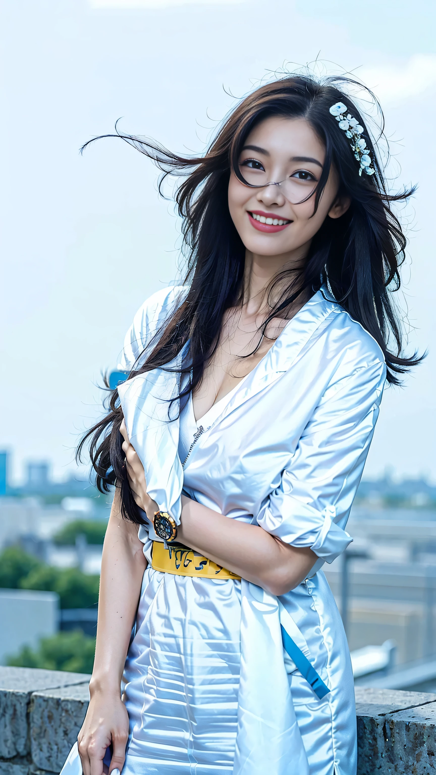 look at this and smile、Under the blue sky in midsummer、White casual clothes、best quality、Masterpiece、real picture、original photo、super detailed、delicate face、delicate skin、8K masterpiece、((1 girl))、((alone))、((Towering chest))、18 years old、((long black hair))、((beautiful woman))、(a smile)、Top Teeth、hair blowing in the wind、((flowing hair))、((a sexy))、grinning