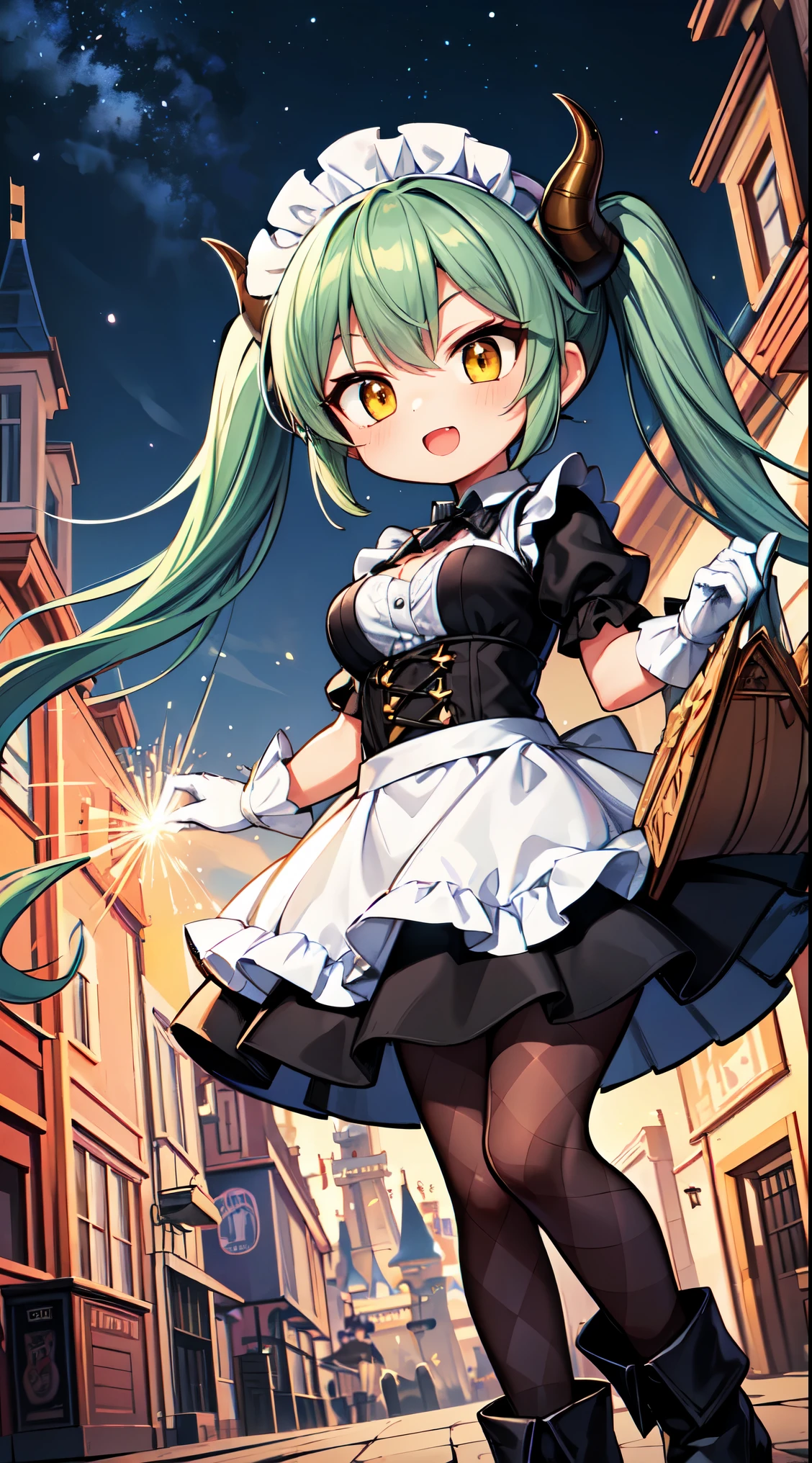 (super fine illustration:1.2),(masterpiece, 8k), (best quality, high quality:1.4), perfect anatomy, hyper detailed, ultra detailed,masterpiece background,beautiful detailed background, v8k wallpaper,perfect design,award-winning art,atmospheric,
BREAK, 1 beautiful girl, (17 year old girl),alone,(cute:1.5),(Little:0.6),(cute:1.5),(change:0.5),break, :d, (twin tails, green hair, horn, long hair:1.35), (yellow eyes, double, slanted eyes:1.45), blush, double teeth, ((D cup breasts))), heart, sight, maid, /maid dragon/, dragon tail, (long eyelashes, double eyelids, thin eyebrows:1.2), alone, glowing skin, beautiful skin, beautiful skin, (highest quality face), (highest quality slanted eyes), maid outfit, gloves, open your mouth, short sleeve, smile, white gloves,(The best smile,smug face:1.45), BREAK,
((Argyle pattern:1.2) knit long sleeve sweater in red, white, green and brown),
BREAK
red pleated skirt, pantyhose, fur ankle boots, full body,
BREAK (Disneyland white Cinderella castle behind:1.3),(town street:1.3),(stall, cart:1.25), (Disneyland Parade background:1.3),detailed confetti in the air,festival,(glitter:1.2), (light sparkles:1.2),night scene, (night sky:1.1),fine weather,(Crowded, bustling with people in the distance :1.15),fireworks,
BREAK,wakame,wakame,wakame,(from below,cowboy shot:1.5) , nose blush, heavy breathing, steam, ((:o):1.2),walking,
BREAK, ,(Blurry background:1.3),(absurderes, hight resolution, Super Detail Art),cel shading,Clear Color, Lonely optical effect, Beautiful pictures, Bright glow, mystic atmosphere,(Close-up of girl:0.8), Mystical light particle effect,manga influence, clean line drawings,