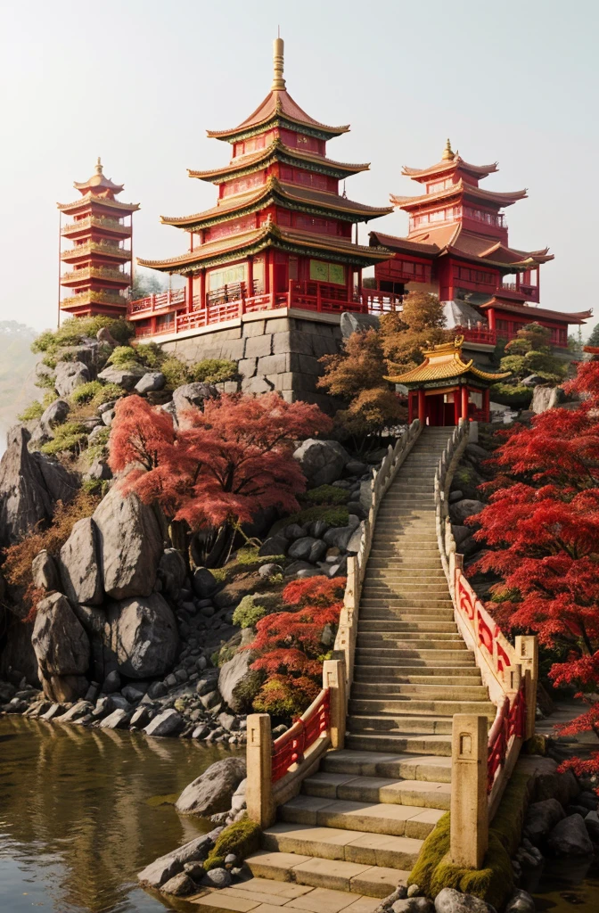 chinese wooden pagoda, stone chair, green stone step, two beautiful flower rows in front of the pagoda, red leaf tree