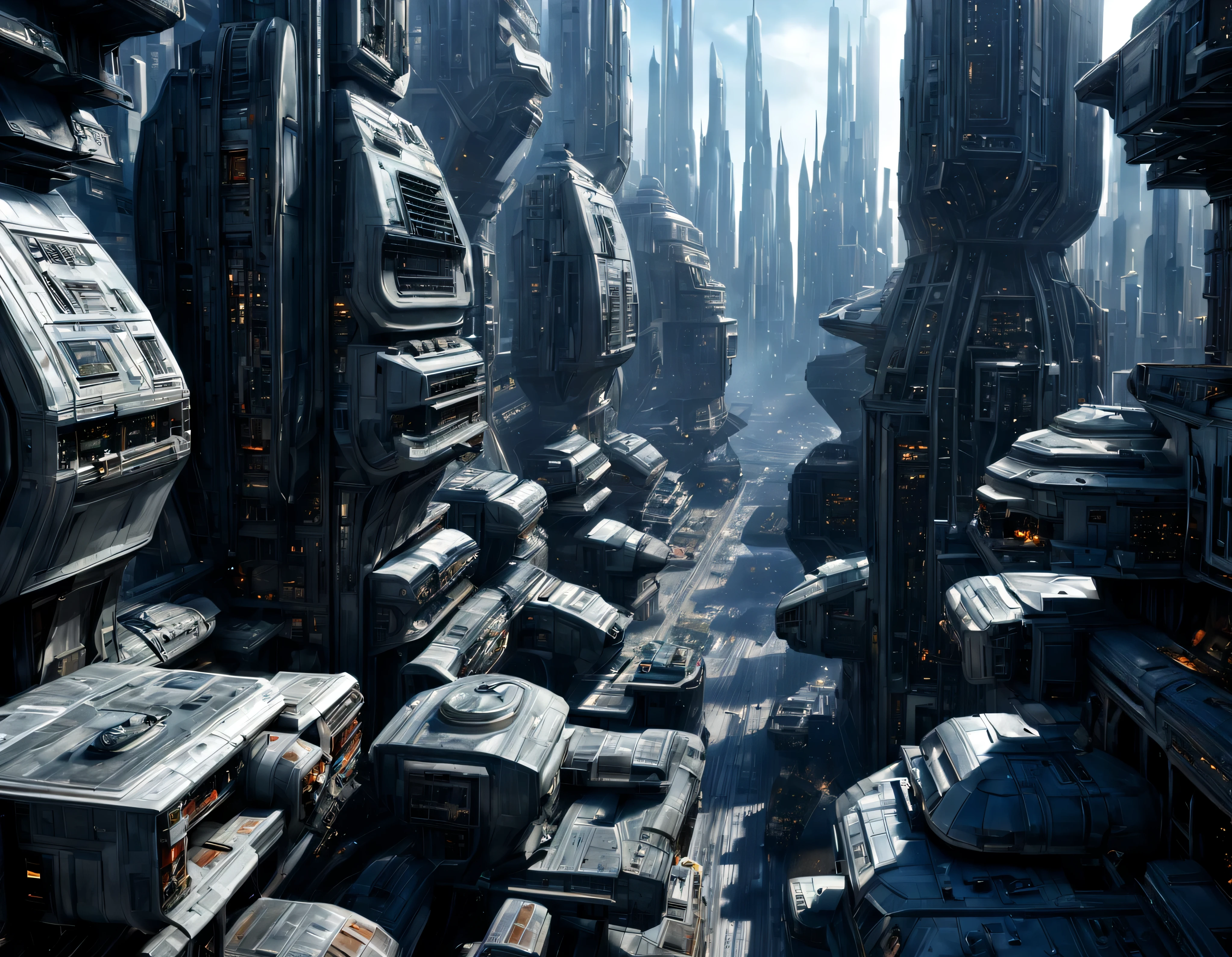 (The city of Coruscant from Star Wars as designed by Doug Chiang), futuristic fantasy city with immense buildings of technological design (que forman una avenida infinita), non-blurred compact buildings with metallic appearance, luces en ventanas en edificios, daylight lighting with sun, con estructuras acristaladas espectaculares, (con colores vivos). pavimento ensolado (sin brillo). gente paseando. imagen bien definida con muchos edificios juntos. sharp well defined 8k image. los edificios llegan alta el fondo.,8k. cinematographic image. ((obra maestra de superior calidad)). (renderizado 3D).