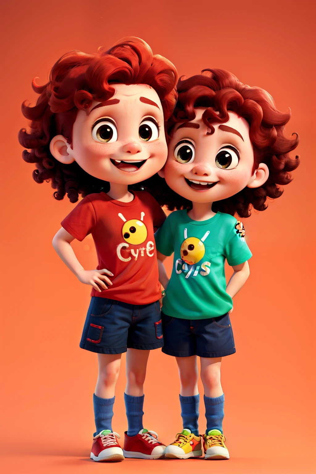 Two cheerful little kids, each with curly red hair and big round eyes, standing in front of a lively, colorful logo of a playful cartoon singer character. The logo's design is vibrant and eye-catching, sure to capture the imagination of young viewers.