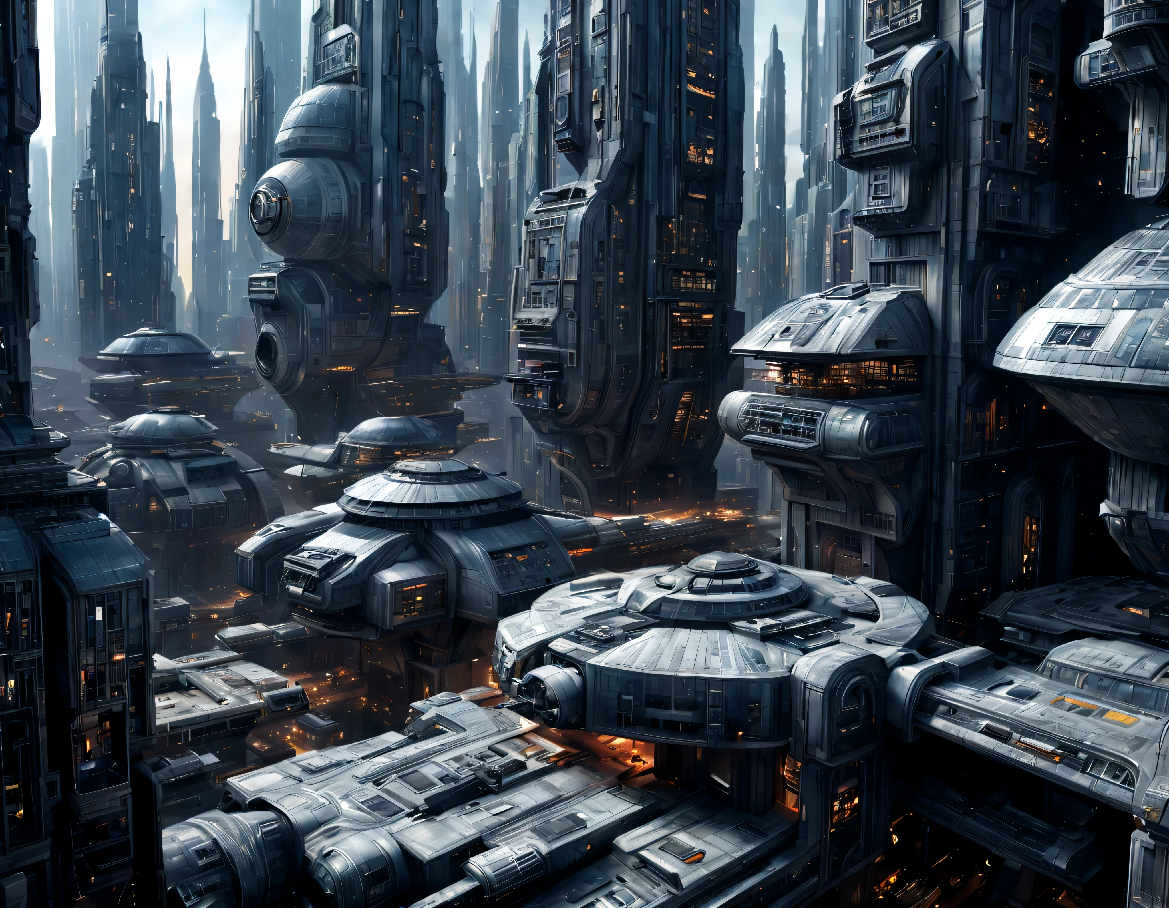 (The city of Coruscant from Star Wars as designed by Doug Chiang), futuristic fantasy city with immense buildings of technological design (que forman una avenida infinita), non-blurred compact buildings with metallic appearance, luces en ventanas en edificios, daylight lighting with sun, con estructuras acristaladas espectaculares, (con colores vivos). pavimento ensolado (sin brillo). gente paseando. imagen bien definida con muchos edificios juntos. sharp well defined 8k image. los edificios llegan alta el fondo.,8k. cinematographic image. ((obra maestra de superior calidad)). (renderizado 3D).