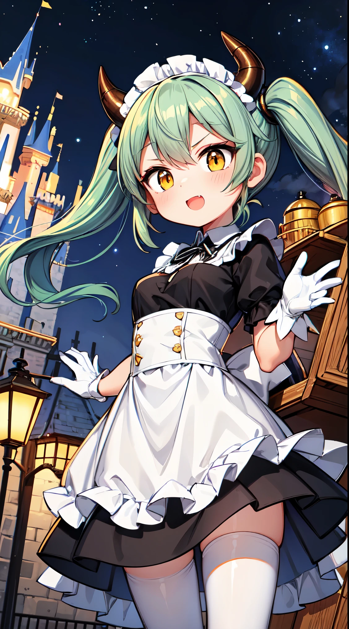 (super fine illustration:1.2),(masterpiece, 8k), (best quality, high quality:1.4), perfect anatomy, hyper detailed, ultra detailed,masterpiece background,beautiful detailed background, v8k wallpaper,perfect design,award-winning art,atmospheric,
BREAK, 1 beautiful girl, (17 year old girl),alone,(cute:1.5),(Little:0.6),(cute:1.5),(change:0.5),break, :d, (twin tails, green hair, horn, long hair:1.35), (yellow eyes, double, slanted eyes:1.45), blush, double teeth, ((D cup breasts))), heart, sight, maid, /maid dragon/, dragon tail, (long eyelashes, double eyelids, thin eyebrows:1.2), alone, glowing skin, beautiful skin, beautiful skin, (highest quality face), (highest quality slanted eyes), maid outfit, gloves, open your mouth, short sleeve, smile, white gloves,(The best smile,smug face:1.45), BREAK,
((Argyle pattern:1.2) knit long sleeve sweater in red, white, green and brown),
BREAK
red pleated skirt, pantyhose, fur ankle boots, full body,
BREAK (Disneyland white Cinderella castle behind:1.3),(town street:1.3),(stall, cart:1.25), (Disneyland Parade background:1.3),detailed confetti in the air,festival,(glitter:1.2), (light sparkles:1.2),night scene, (night sky:1.1),fine weather,(Crowded, bustling with people in the distance :1.15),fireworks,
BREAK,wakame,wakame,wakame,(from below,cowboy shot:1.5) , nose blush, heavy breathing, steam, ((:o):1.2),walking,
BREAK, ,(Blurry background:1.3),(absurderes, hight resolution, Super Detail Art),cel shading,Clear Color, Lonely optical effect, Beautiful pictures, Bright glow, mystic atmosphere,(Close-up of girl:0.8), Mystical light particle effect,manga influence, clean line drawings,