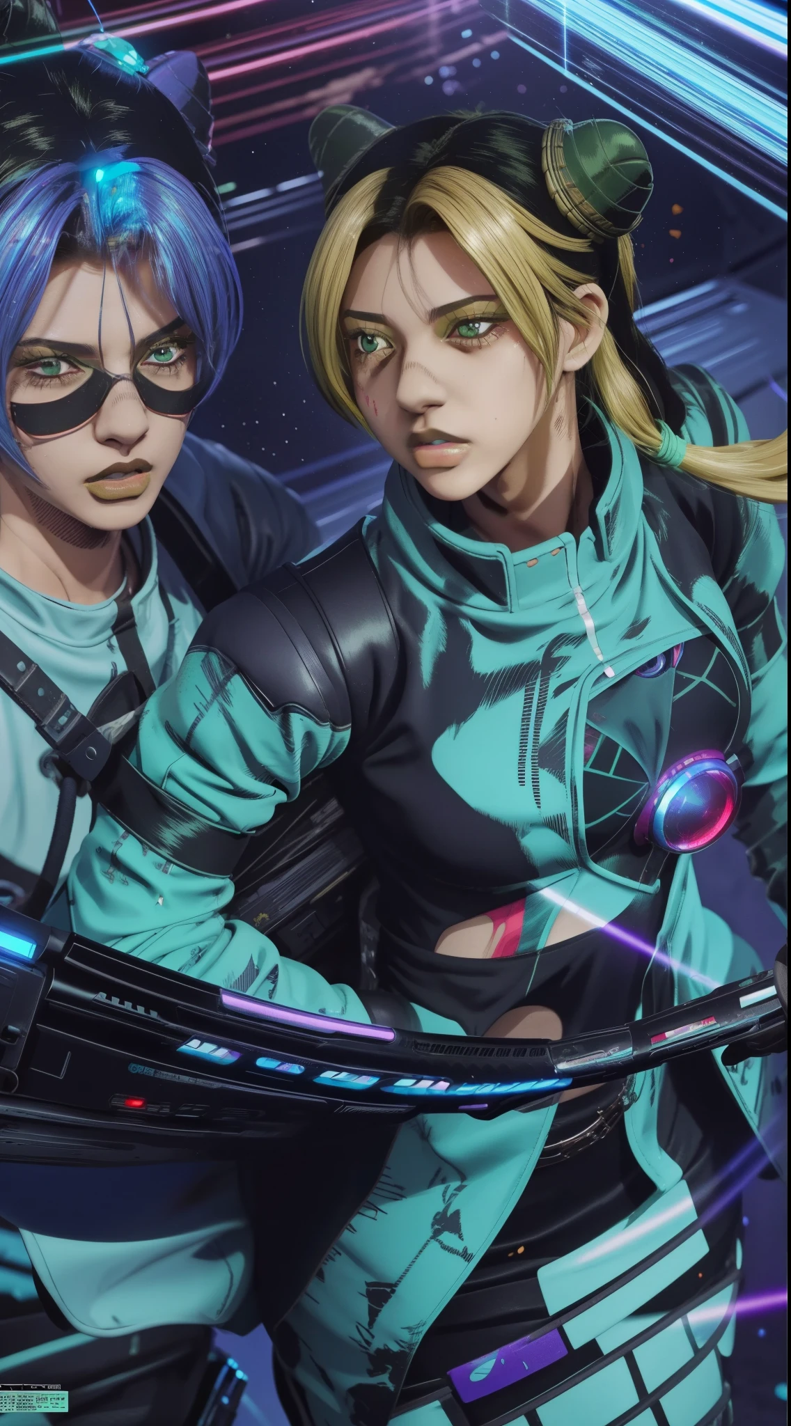 a couple of anime characters standing next to each other, anime robotic mixed with organic, digital cyberpunk anime!!, digital cyberpunk - anime art, cyber space cowboy, mermaid cyborg with a laser whip, modern sci-fi anime, sci-fi anime, anime cyberpunk, sci fi anime, modern cyberpunk anime, digital cyberpunk anime art, anime cyberpunk art, battle angel manga