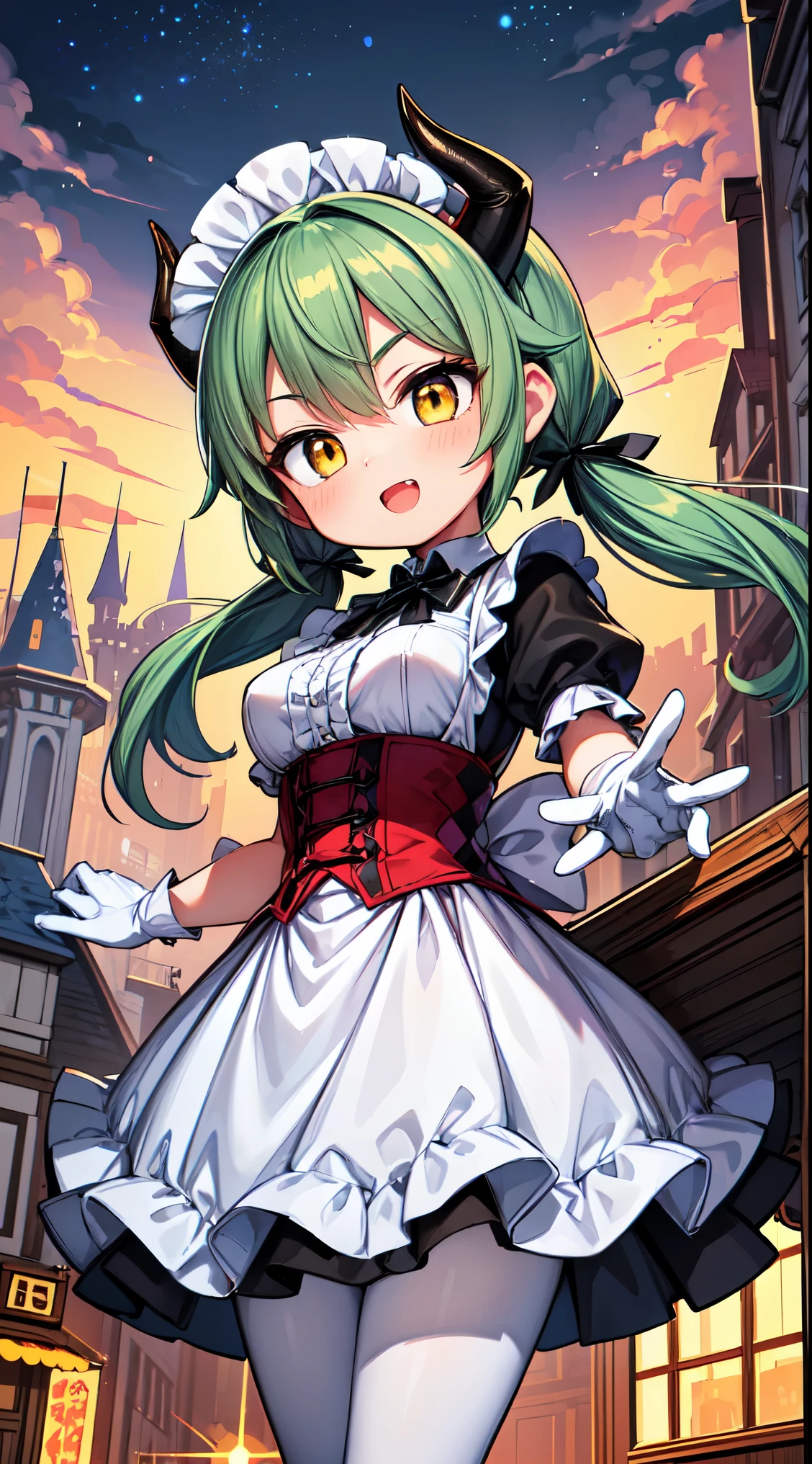 (super fine illustration:1.2),(masterpiece, 8k), (best quality, high quality:1.4), perfect anatomy, hyper detailed, ultra detailed,masterpiece background,beautiful detailed background, v8k wallpaper,perfect design,award-winning art,atmospheric, 


BREAK, 1 beautiful girl, (17 year old girl),alone,(cute:1.5),(Little:0.6),(cute:1.5),(change:0.5),break, :d, (twin tails, green hair, horn, long hair:1.35), (yellow eyes, double, slanted eyes:1.45), blush, double teeth, ((D cup breasts))), heart, sight, maid, /maid dragon/, dragon tail, (long eyelashes, double eyelids, thin eyebrows:1.2), alone, glowing skin, beautiful skin, beautiful skin, (highest quality face), (highest quality slanted eyes), maid outfit, gloves, open your mouth, short sleeve, smile, white gloves,(The best smile,smug face:1.45),  BREAK,

((Argyle pattern:1.2) knit long sleeve sweater in red, white, green and brown),
BREAK
red pleated skirt, pantyhose, fur ankle boots, full body,

BREAK  (Disneyland white Cinderella castle behind:1.3),(town street:1.3),(stall, cart:1.25), (Disneyland Parade background:1.3),detailed confetti in the air,festival,(glitter:1.2), (light sparkles:1.2),night scene, (night sky:1.1),fine weather,(Crowded, bustling with people in the distance :1.15),fireworks,


BREAK,wakame,wakame,wakame,(from below,cowboy shot:1.5) , nose blush, heavy breathing, steam, ((:o):1.2),walking,

BREAK, ,(Blurry background:1.3),(absurderes, hight resolution, Super Detail Art),cel shading,Clear Color, Lonely optical effect, Beautiful pictures, Bright glow, mystic atmosphere,(Close-up of girl:0.8), Mystical light particle effect,manga influence, clean line drawings,