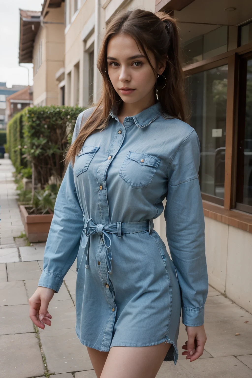 ((Best quality)), ((masterpiece)), (detailed), perfect face brown hair gathered in a ponytail girl in a full-length denim dress