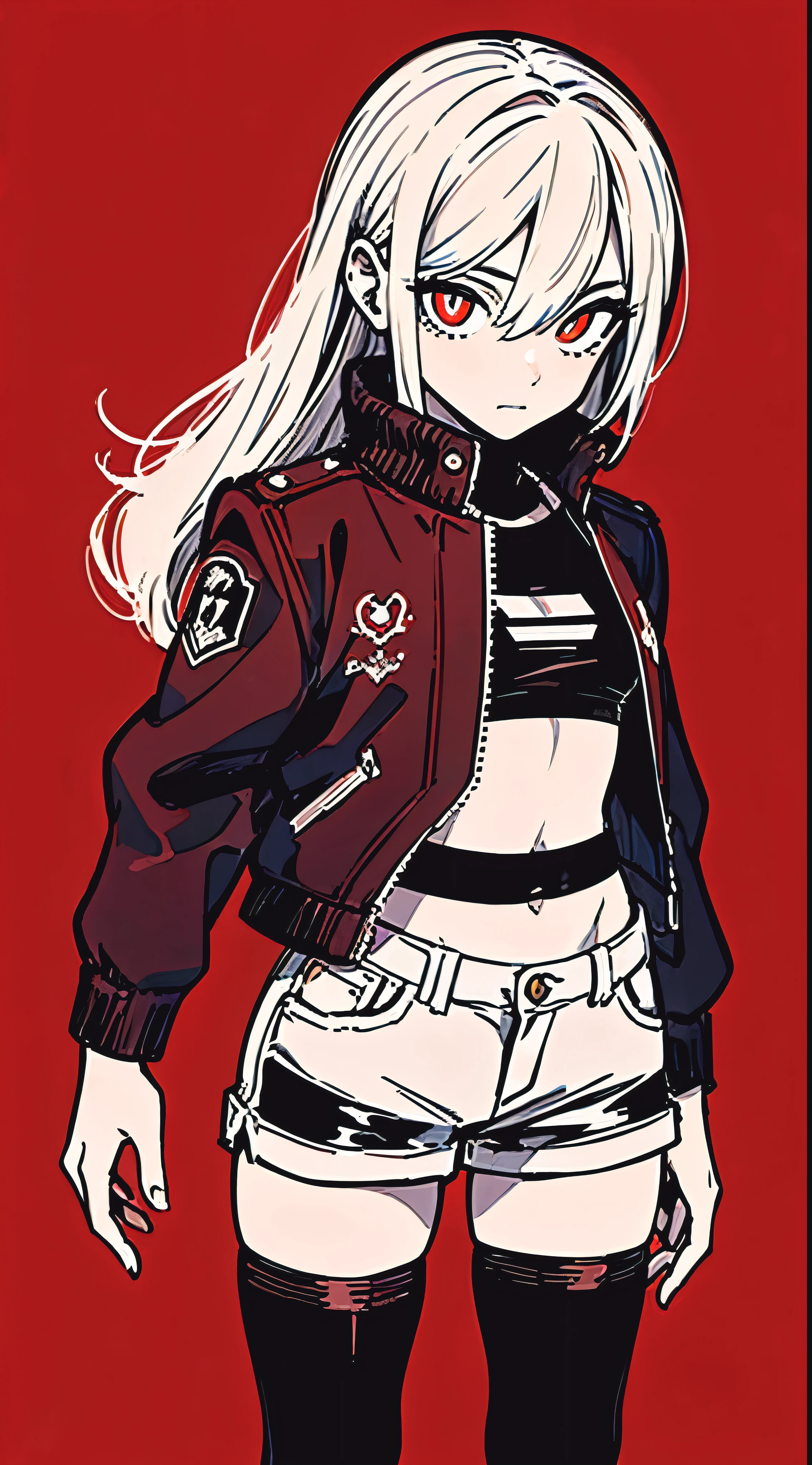 (masterpiece, highest quality:1.6), alone, thick outline, (simple background, Dark red background, monochrome, Dark red theme:1.2), official art, Key Visual, 8K, confused, whole body, (Unique hair, Punks jacket, hot pants, arch back, short torso:1.2), belly button, thighs, cowboy shot, HDR, sharp focus, High resolution, most detailed, very detailed, Super detailed, finely, detailed eyes and face, sharp pupils, realistic student