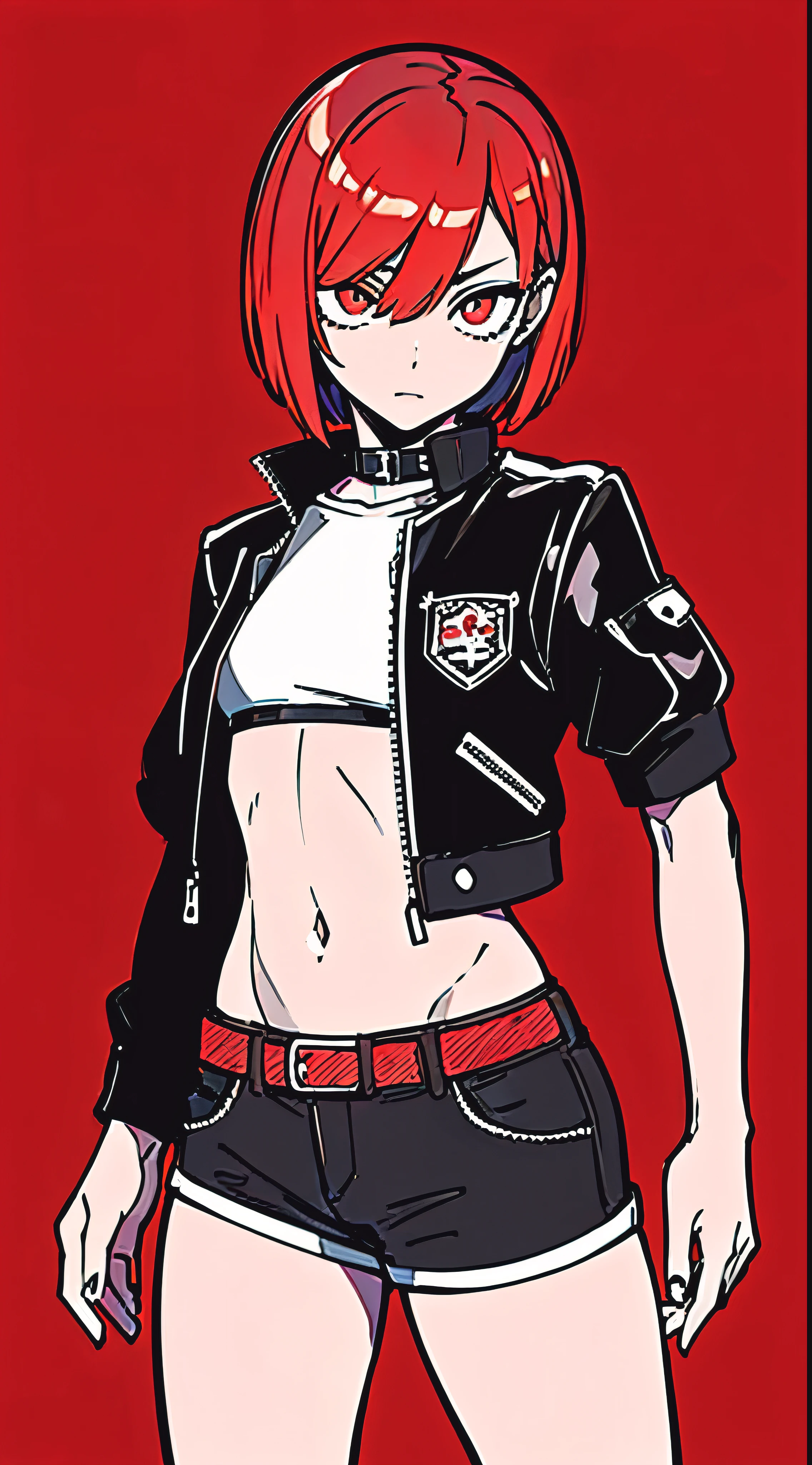 (masterpiece, best quality:1.6), solo, thick outline, (simple background, dark red background, monochrome, dark red theme:1.2), official art, key visual, 8k, absurdres, full body, (unique hair, punks jacket, hotpants, arch back, short torso:1.2), navel, thighs, cowboy shot, HDR, sharp focus, highres, highest detailed, extreme detailed, ultra detailed, finely detail, detailed eyes and face, sharp pupils, realistic pupils