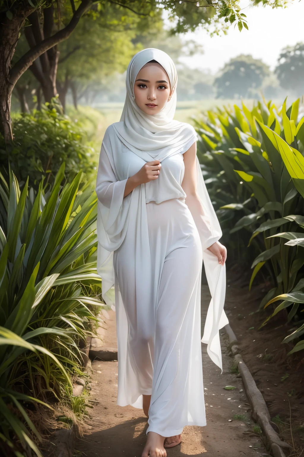 A stunning hijab-wearing girl in the lush rice field of Indonesia at dawn, surrounded by the fresh and serene environment. The intricately designed hijab, in pastel shades, is slightly torn and mud-splattered, adding to the authenticity of the scene. Draped over one shoulder, the hijab frames her beautiful face, which is free of any make-up, revealing her clear, radiant skin. Her eyes, adorned with traditional eyeliner, are shining with the first light of day. The girl wears a simple, loose tunic and a pair of traditional trousers, both of which are drenched in the morning dew. Her bare feet are covered