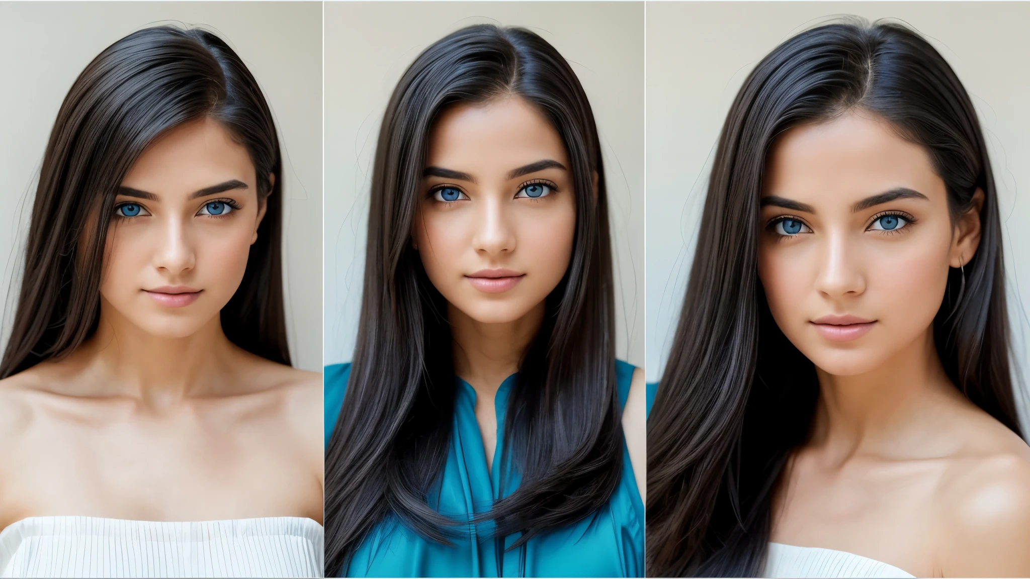 "Imagine a young woman with porcelain skin, captivating blue eyes, and straight, lustrous black hair. Her complexion is fair, radiating a delicate beauty that contrasts with the vividness of her eyes. Her eyes are blue, reminiscent of the clearest skies, drawing you in with their depth and clarity. Her hair cascades down in silky strands, reflecting the light with a subtle sheen.
Now, visualize her from various angles:
Front View: The camera captures her face directly, highlighting the symmetry of her features and the intensity of her gaze.
Side View (Left): The camera angle shifts to her left side, revealing the graceful curve of her profile and the subtle contours of her jawline.
Side View (Right): The camera angle shifts to her right side, showcasing the gentle slope of her nose and the softness of her lips.
Top View: The camera angle looks down on her from above, framing her features in a unique perspective and emphasizing the elegance of her posture.
Three-Quarter View (Left): The camera angle captures her from a three-quarter angle on the left side, showcasing the subtle nuances of her expression and the gracefulness of her movements.
Three-Quarter View (Right): The camera angle captures her from a three-quarter angle on the right side, highlighting the play of light and shadow on her features and the luminosity of her eyes.
Each image conveys a different aspect of her beauty and personality, capturing the essence of her presence from various perspectives."