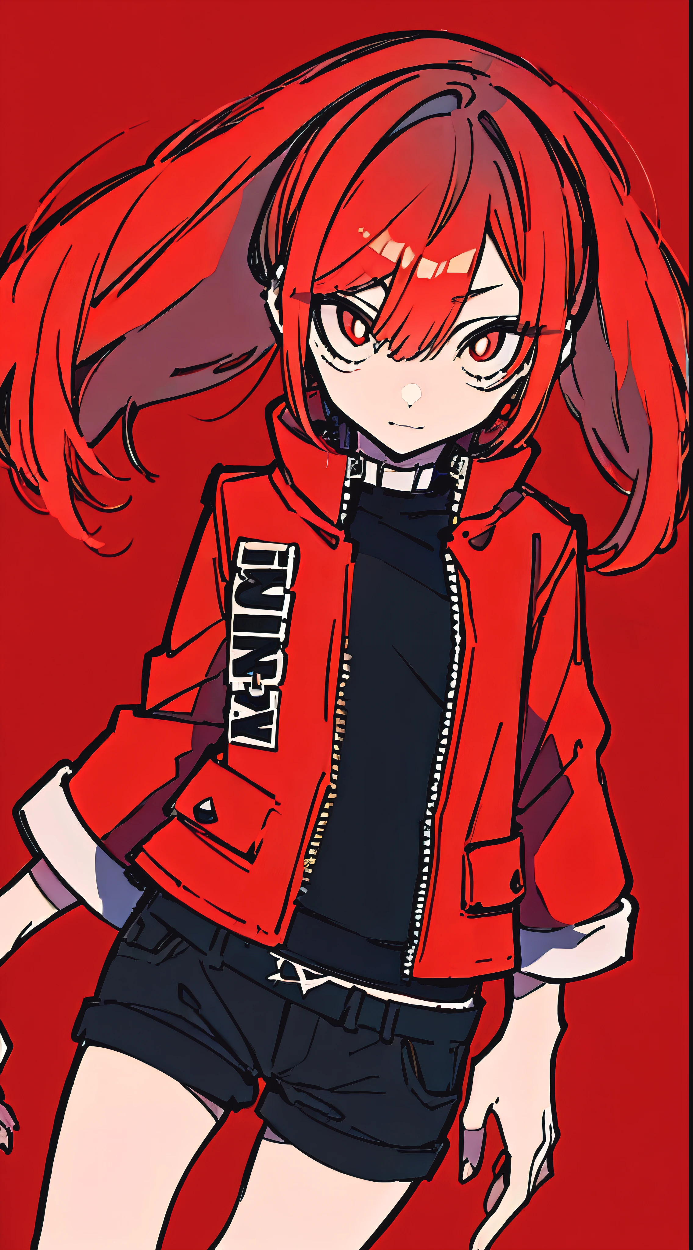 (masterpiece, highest quality:1.6), alone, thick outline, (simple background, Dark red background, monochrome, Dark red theme:1.2), official art, Key Visual, 8K, confused, whole body, (Unique hair, Punks jacket, hot pants, arch back, short torso:1.2), belly button, thighs, cowboy shot, HDR, sharp focus, High resolution, most detailed, very detailed, Super detailed, finely, detailed eyes and face, sharp pupils, realistic student
