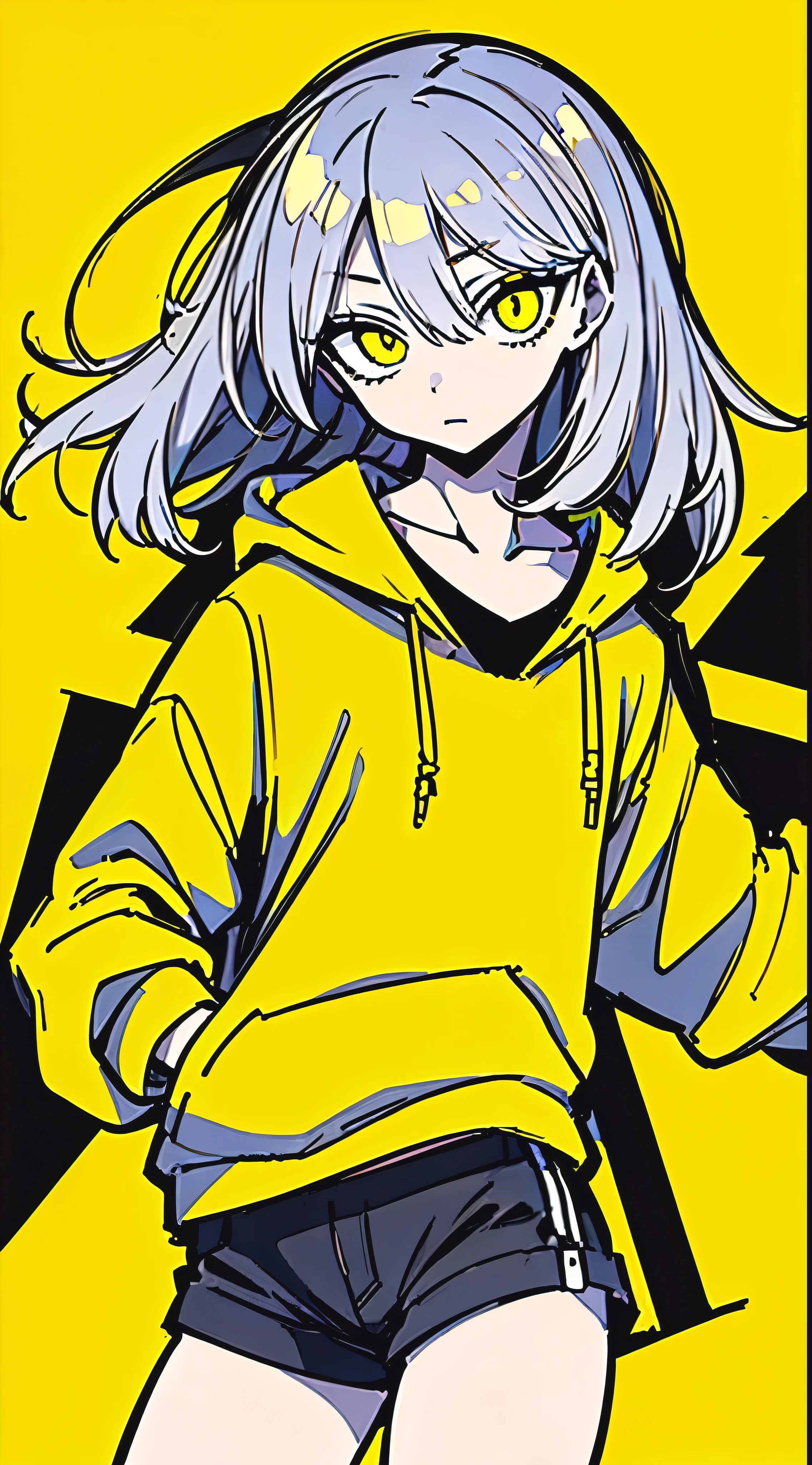 (masterpiece, highest quality:1.6), alone, thick outline, (simple background, Dark yellow background, monochrome, dark yellow theme:1.2), official art, Key Visual, 8K, confused, whole body, (Unique hair, oversized hoodie, hot pants, arch back, short torso:1.2), belly button, thighs, cowboy shot, HDR, sharp focus, High resolution, most detailed, very detailed, Super detailed, finely, detailed eyes and face, sharp pupils, realistic student