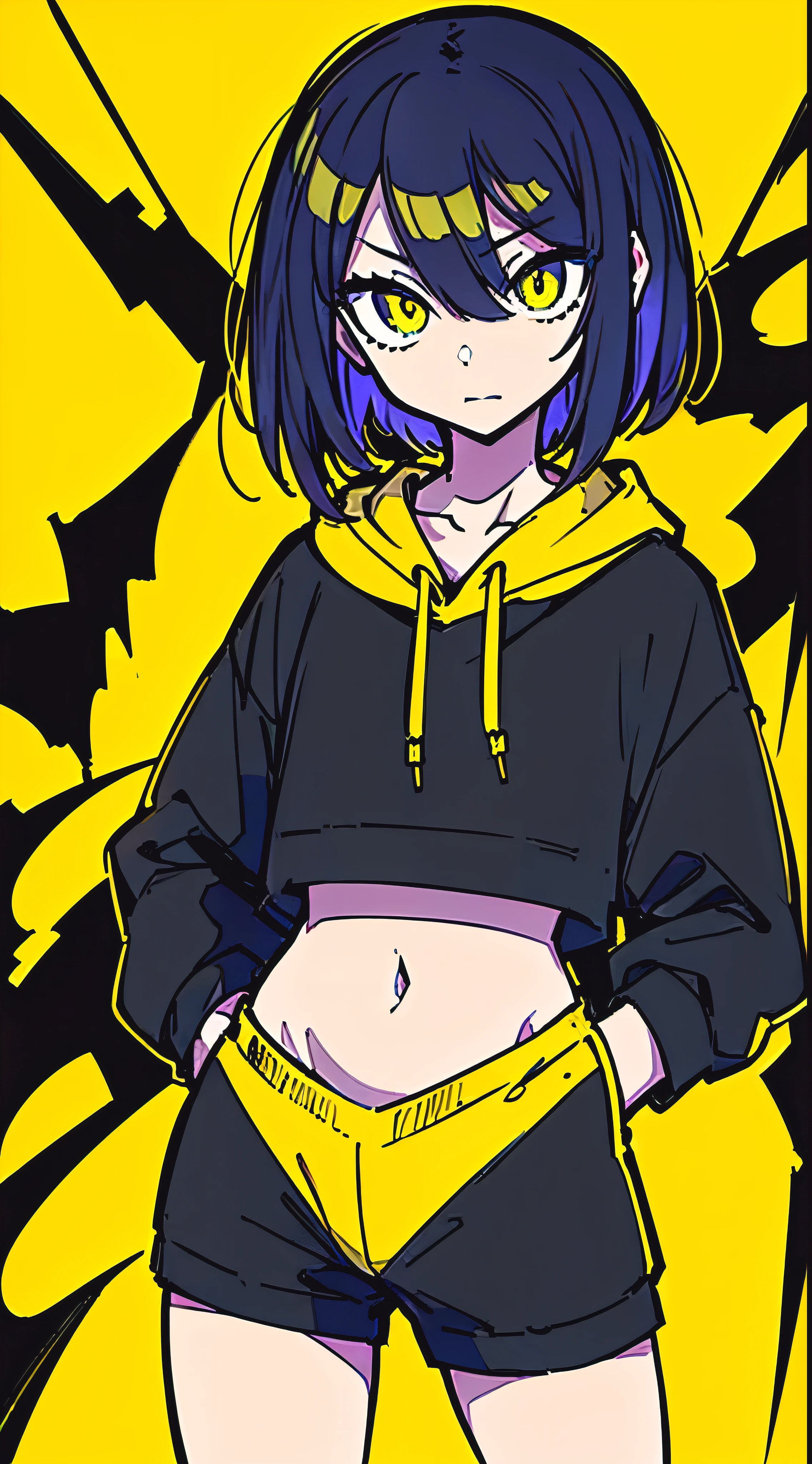 (masterpiece, highest quality:1.6), alone, thick outline, (simple background, Dark yellow background, monochrome, dark yellow theme:1.2), official art, Key Visual, 8K, confused, whole body, (Unique hair, oversized hoodie, hot pants, arch back, short torso:1.2), belly button, thighs, cowboy shot, HDR, sharp focus, High resolution, most detailed, very detailed, Super detailed, finely, detailed eyes and face, sharp pupils, realistic student