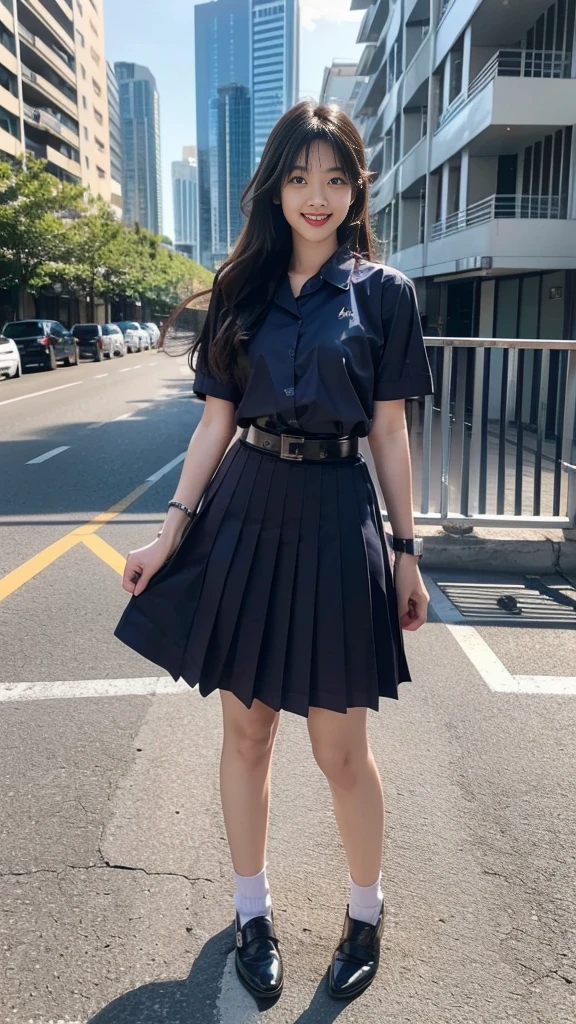 highest resolution, 8K, high definition, (((long hair))), ((Thai Students, Half Thai, half Japanese, half Korean., Age 18-25 years, Height 173 centimeters)), (((stand, walk))), (((Beautiful face, แต่งBeautiful face, Double eyelids, red lips, smile at the corner of the mouth, beautiful eyes))), ((Beautiful Woman, The texture is realistic.)), ((Slim white short-sleeved shirt, collar shirt)), ((ปักnameด้วยตัวหนังสือสีน้ำเงินที่หน้าอกเสื้อด้านขวา, name"Phonpitak Rungruangapiwatsakul")), ((School logo symbol on the left chest of the shirt.)), ((big pleated skirt, dark blue, long skirt, Close your legs completely.)), ((Navy blue skirt, พร้อมbeltผู้หญิง)), ((Huge breasts, Breast augmentation)), ((Symmetrical shape, sexy figure)), ((Thin, slim, small waist)), ((Black elementary school student shoes, Short white socks)), ((Put on a watch, belt)), (((full body, Look at every part of the body.))), ((background, balcony in front of building, building, buildingเรียน))