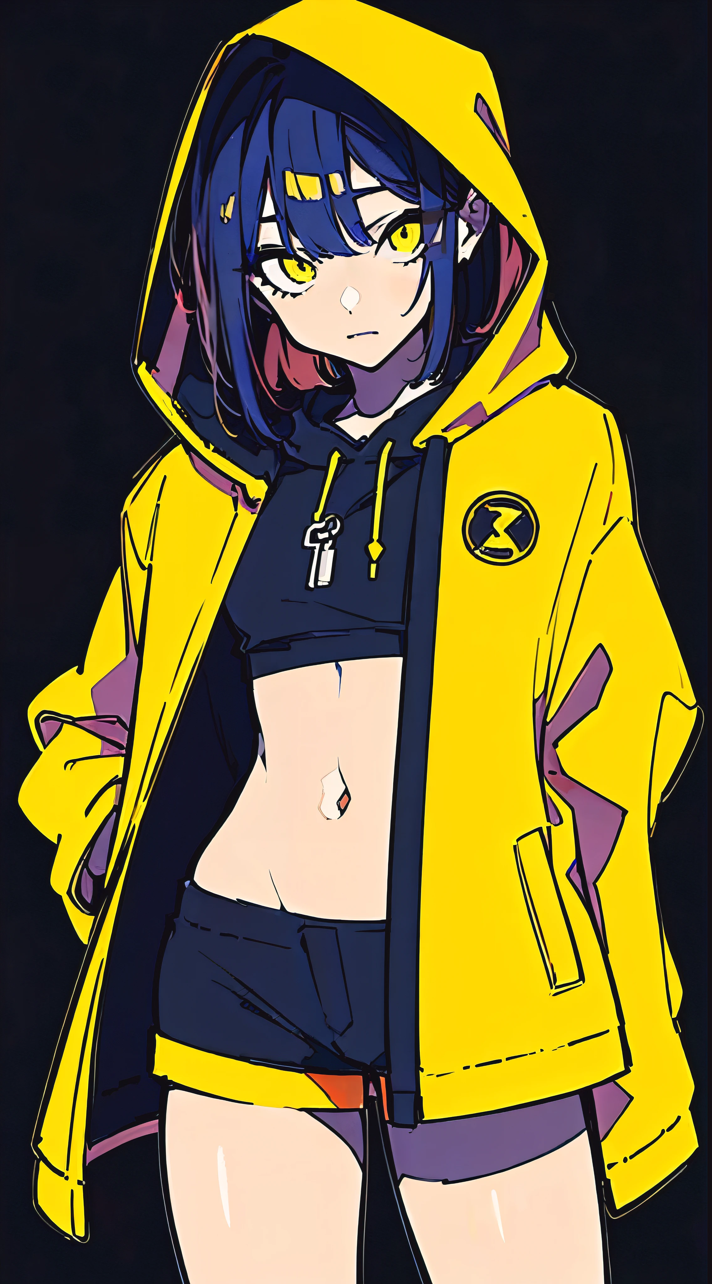 (masterpiece, highest quality:1.6), alone, thick outline, (simple background, Dark yellow background, monochrome, dark yellow theme:1.2), official art, Key Visual, 8K, confused, whole body, (Unique hair, oversized hoodie, hot pants, arch back, short torso:1.2), belly button, thighs, cowboy shot, HDR, sharp focus, High resolution, most detailed, very detailed, Super detailed, finely, detailed eyes and face, sharp pupils, realistic student