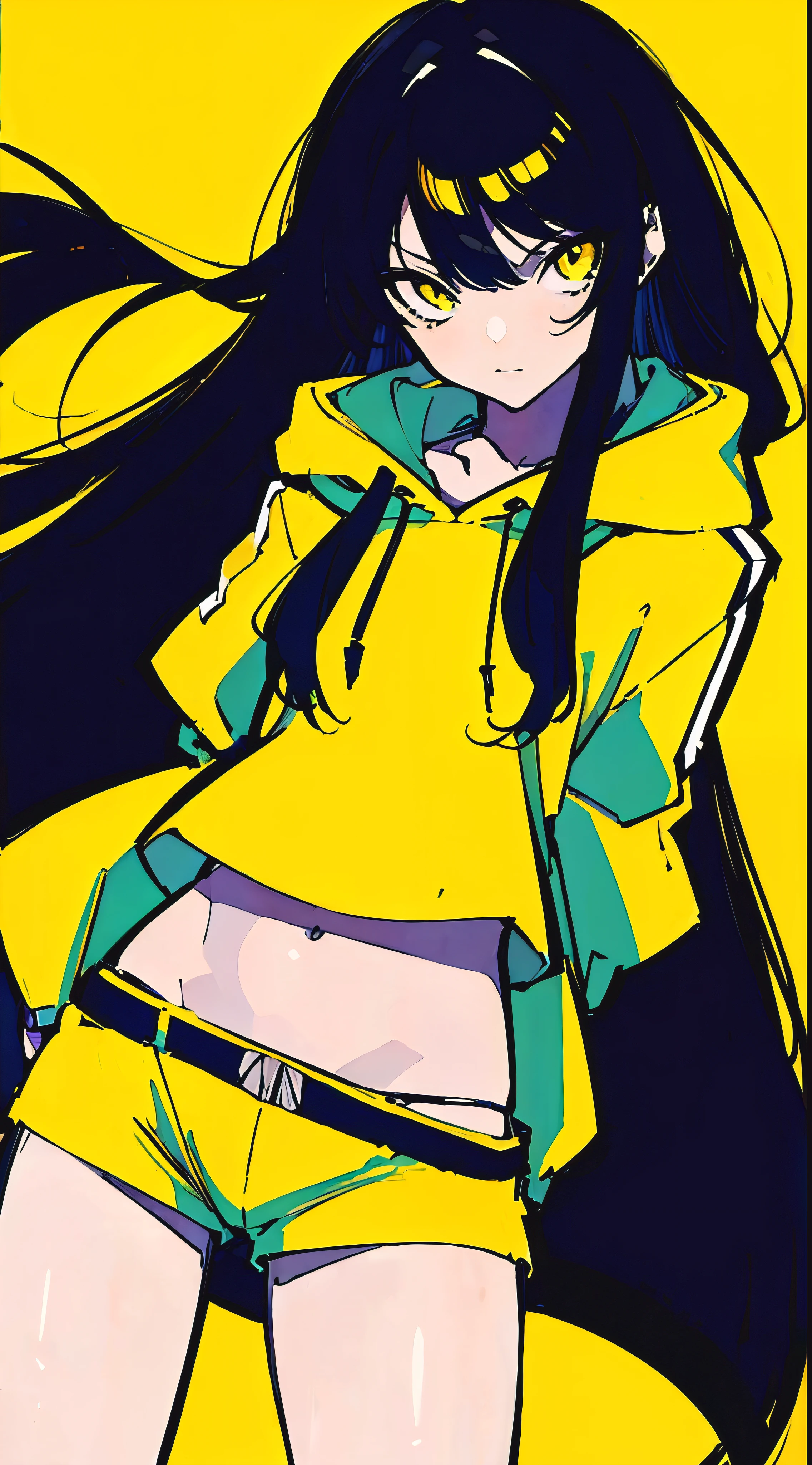 (masterpiece, highest quality:1.6), alone, thick outline, (simple background, Dark yellow background, monochrome, dark yellow theme:1.2), official art, Key Visual, 8K, confused, whole body, (Unique hair, oversized hoodie, hot pants, arch back, short torso:1.2), belly button, thighs, cowboy shot, HDR, sharp focus, High resolution, most detailed, very detailed, Super detailed, finely, detailed eyes and face, sharp pupils, realistic student