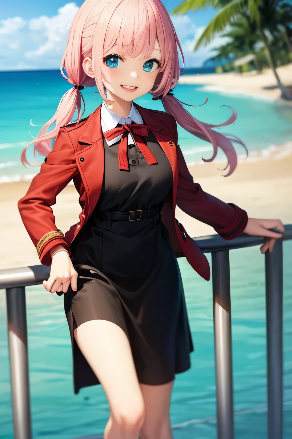 disorganized, 1 girl, Ocean, handrail, black dress, red coat，Slightly low twintail hair, smile,blue eyes、pink hair color