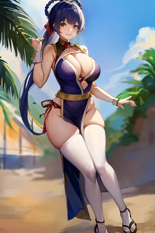 masterpiece, high resolution, best quality, beautiful art, rendered art, well formed body, hands and fingers, 1 woman, solo, Xiangling (30 years old) adult, grown up, big breasted, cleavage, blue_japanese_clothes, sexy outfit, sleeveless, white stockings, alluring body, full body, sexy legs, hips and thighs, dancing seductively, smiling joyfully, looking at the viewer, beach background