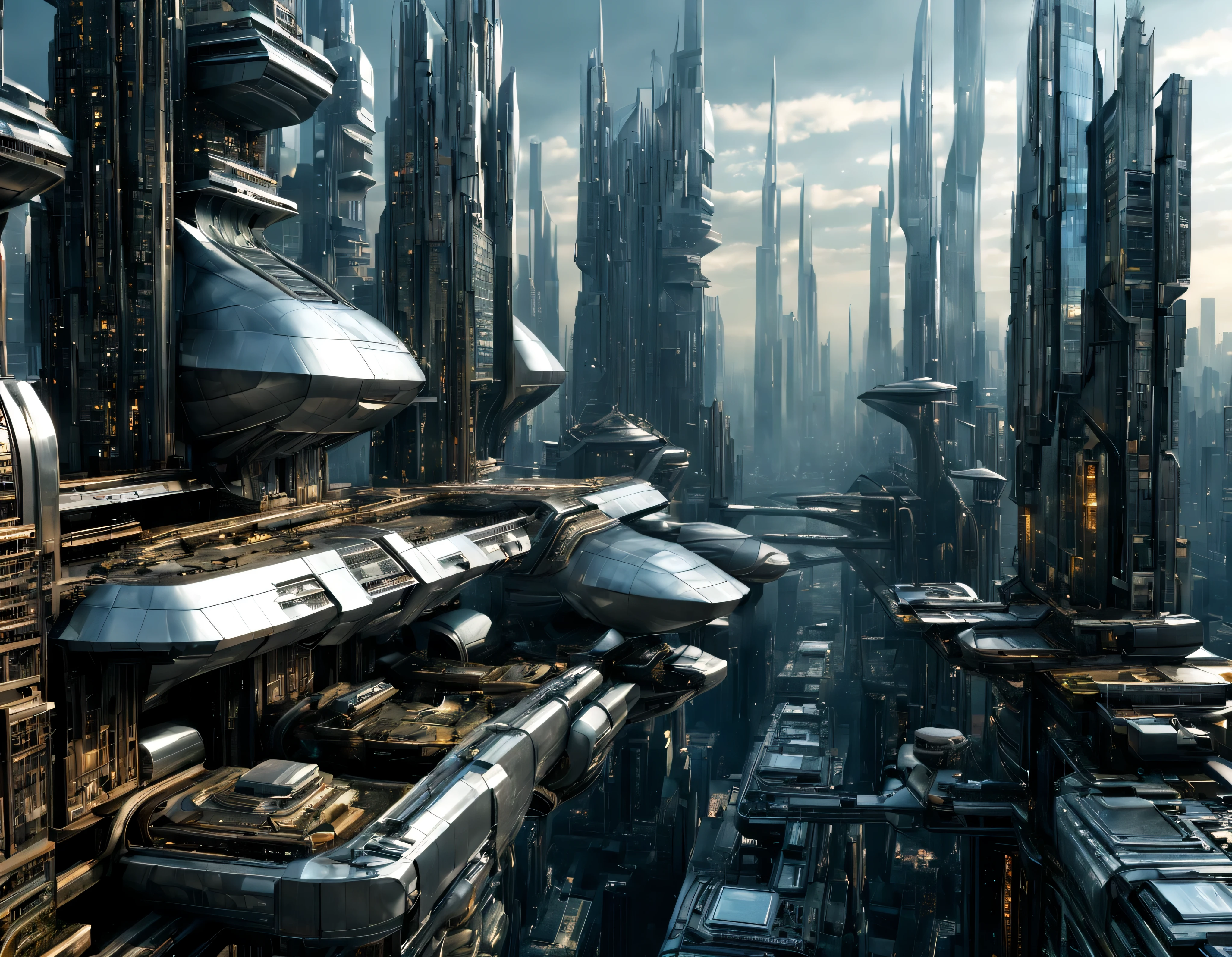 the city of megacity futuristic science fiction city as it would be in the year 3029, vista desde una terraza , with high-tech design , edificios de metal y cristal, highways crossing them, de una inmensidad impresionante, con el empleo de oro , silver and bronze in its construction, realmente impresionante a la vista, imagen bien definida, sharp well defined background, con muchos edificios juntos. sharp well defined 8k image. los edificios llegan alta el fondo.,8k. cinematographic image, renderizado 3d, ((obra maestra de superior calidad)).