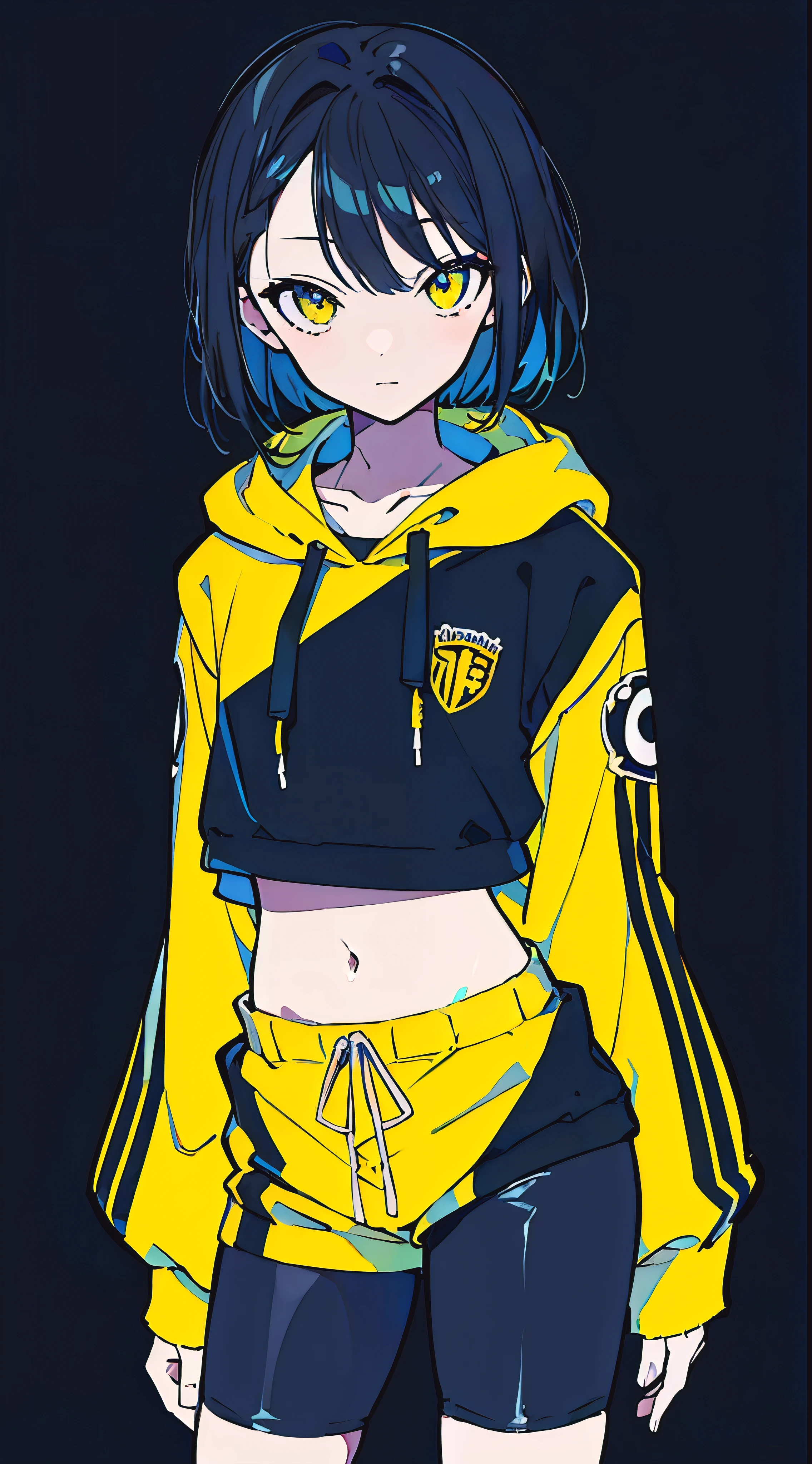 (masterpiece, highest quality:1.6), alone, thick outline, (simple background, Dark yellow background, monochrome, dark yellow theme:1.2), official art, Key Visual, 8K, confused, whole body, (Unique hair, oversized hoodie, hot pants, arch back, short torso:1.2), belly button, thighs, cowboy shot, HDR, sharp focus, High resolution, most detailed, very detailed, Super detailed, finely, detailed eyes and face, sharp pupils, realistic student