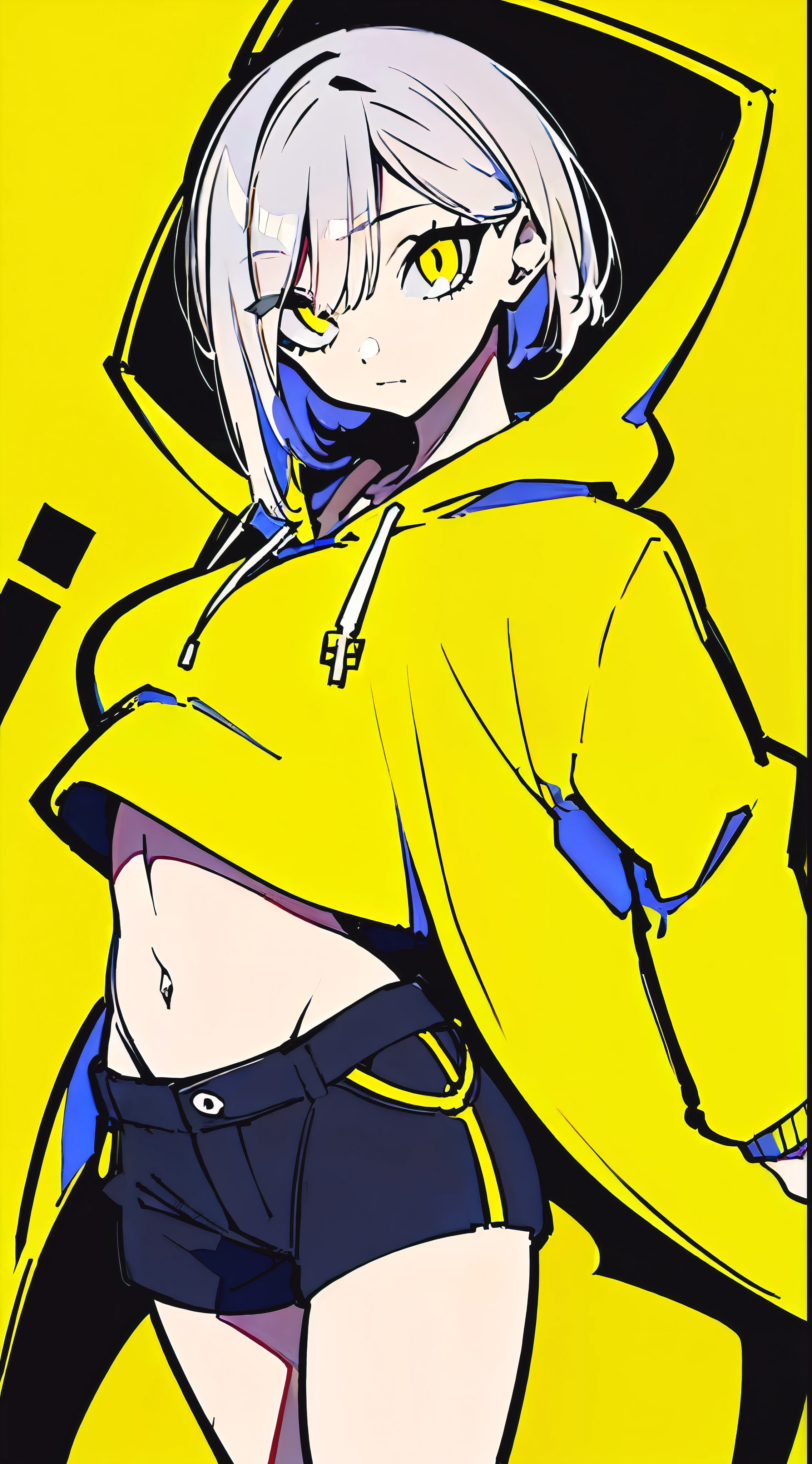 (masterpiece, highest quality:1.6), alone, thick outline, (simple background, Dark yellow background, monochrome, dark yellow theme:1.2), official art, Key Visual, 8K, confused, whole body, (Unique hair, oversized hoodie, hot pants, arch back, short torso:1.2), belly button, thighs, cowboy shot, HDR, sharp focus, High resolution, most detailed, very detailed, Super detailed, finely, detailed eyes and face, sharp pupils, realistic student