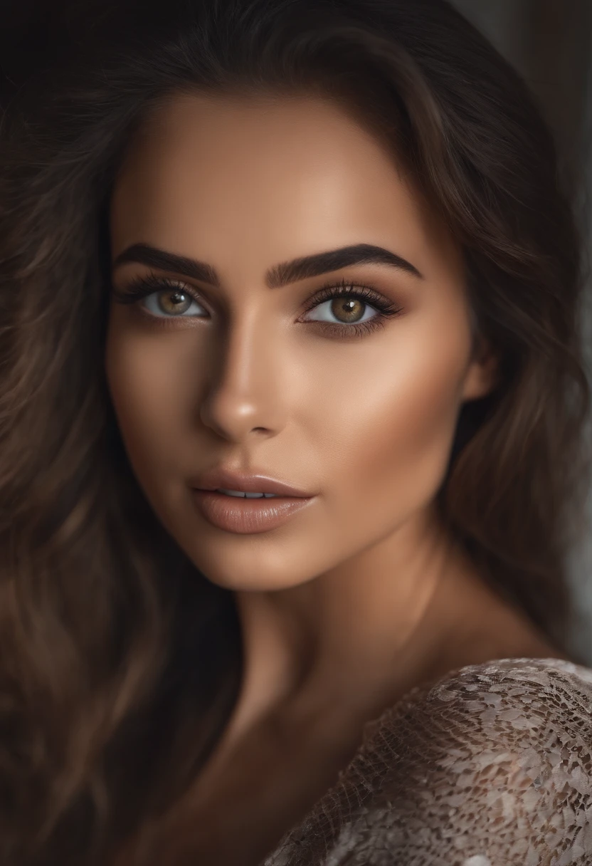Allard femme complètement , fille sexy aux yeux bruns, hispanic ,Ultra photo réaliste, détaillé méticuleux, Portrait de Sophie Mudd, cheveux bruns et grands yeux, selfie d'une jeune femme, Dubai Eye, Violette Myers, Maquillage naturel, regarde directement la caméra, visage avec artgram, maquillage subtil, Superbe photo du corps entier agenouillée sur le lit, dans une chambre, Buste moyen à large