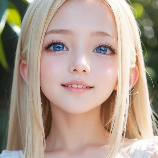 one little very beautiful cute young girl、A smile that makes you look 10 years old ))、Embarrassed blush、shiny skin、 Very cute and beautiful face、Shiny and very beautiful bright white skin、very beautiful and cute pale blue eyes、Beautiful very long shiny blonde hair with golden shine、Beautiful cute bright look、Clear double eyelids