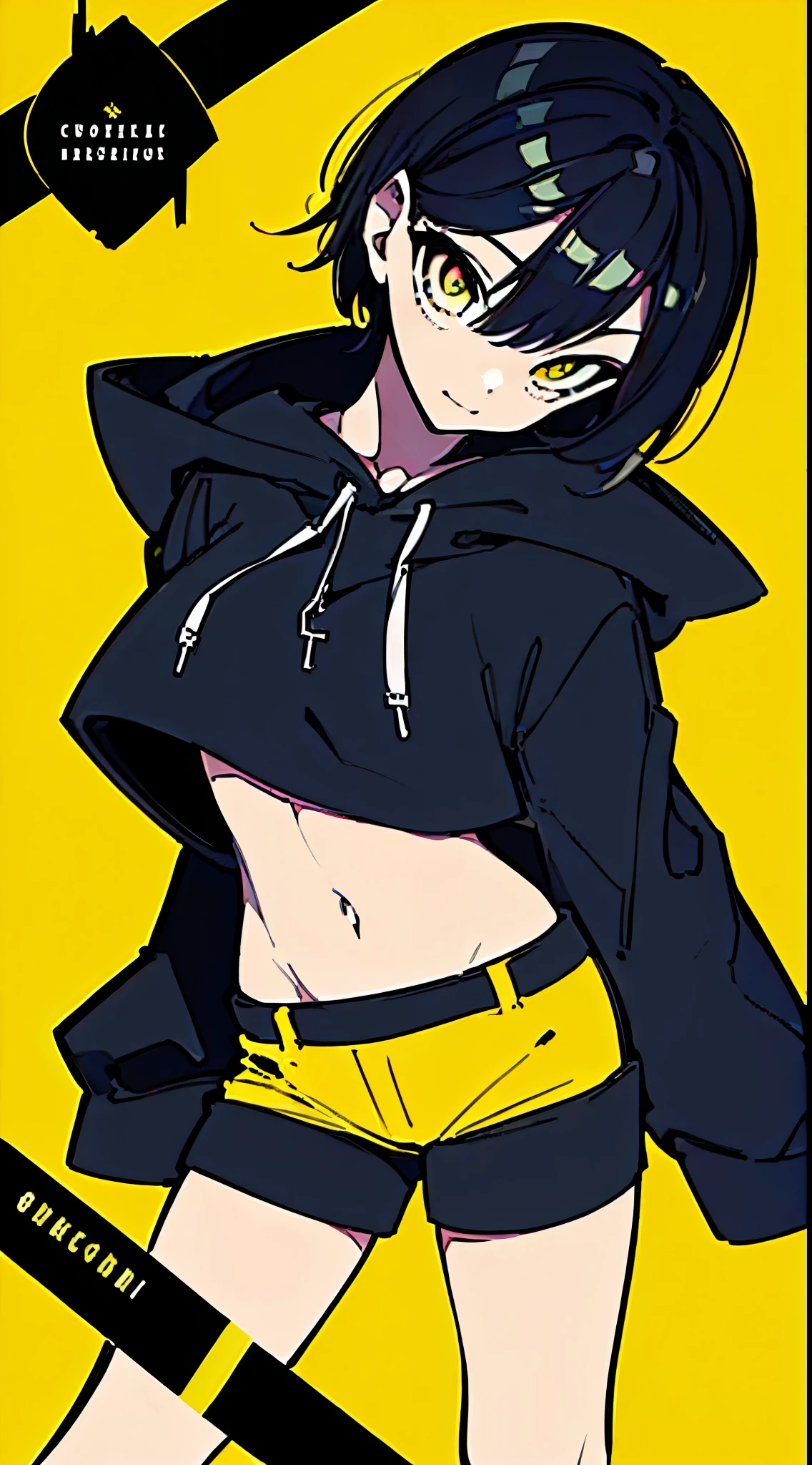(masterpiece, highest quality:1.6), alone, thick outline, (simple background, Dark yellow background, monochrome, dark yellow theme:1.2), official art, Key Visual, 8K, disorganized, whole body, (Unique hair, Oversized Hoodies, hot pants, arch back, short torso:1.2), belly button, thighs, cowboy shot, HDR, sharp focus, High resolution, most detailed, very detailed, Super detailed, finely, detailed eyes and face, sharp pupils, realistic student
