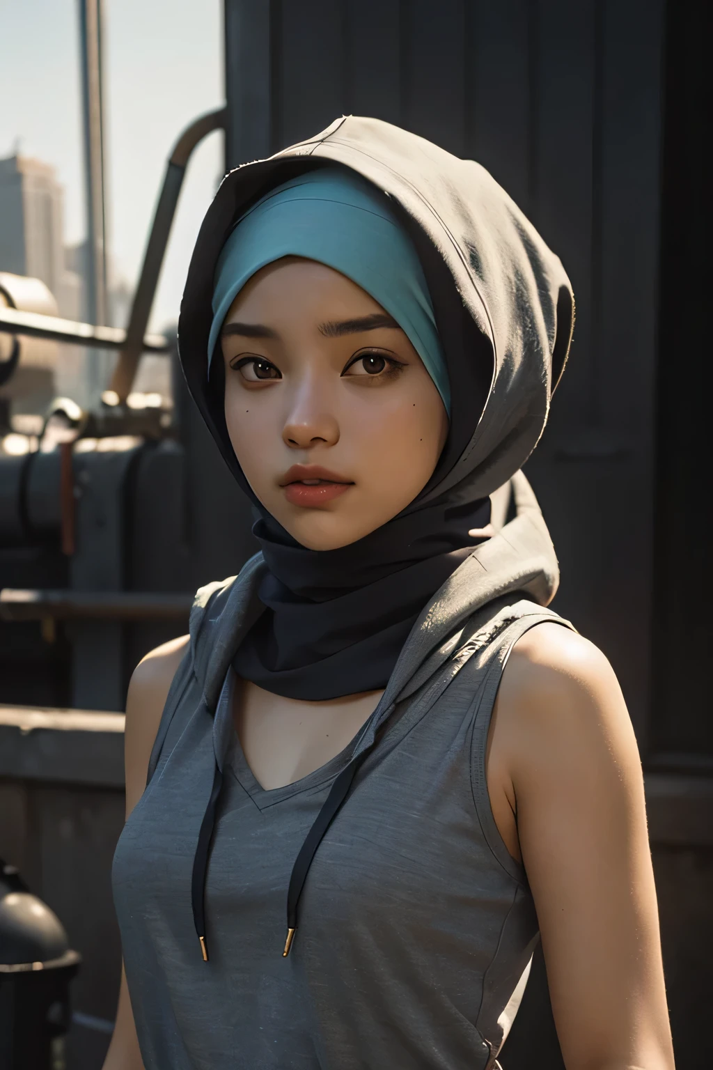 Best quality, masterpiece, ultra high res, (photorealistic:1.4), raw photo, 1girl, casual tank top with a hoodie, wearing hijab, cinematic lighting