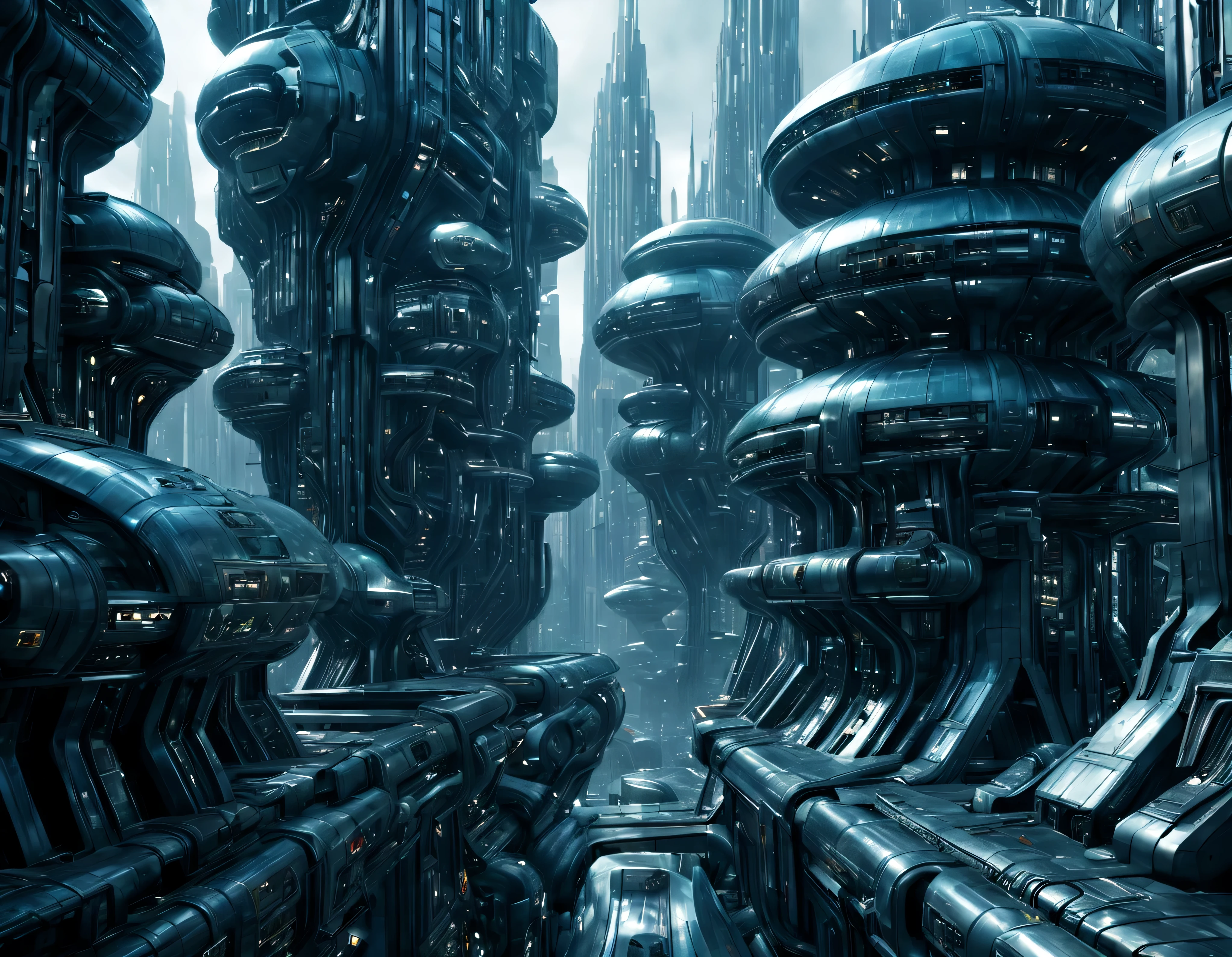 street of an extraterrestrial alien city with futuristic and technological architecture in its metal and glass buildings, some aliens walking around, ventanas iluminadas, all full of imagination, science fiction and (intrincados detalles de la maquina).imagen fotorrealista, Maximum sharpness, calidad 8k.(obra maestra de calidad superior). 3D