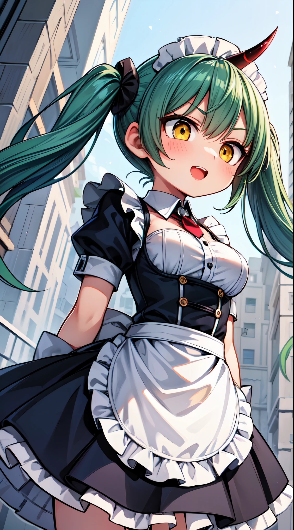 (super fine illustration:1.2),(masterpiece, 8k), (best quality, high quality:1.4), perfect anatomy, hyper detailed, ultra detailed,masterpiece background,beautiful detailed background, v8k wallpaper,perfect design,award-winning art,atmospheric,
BREAK, 1 beautiful girl, ( girl),alone,(cute:1.5),(Little:0.6),(cute:1.5),(change:0.5),break, :d, (twin tails, green hair, horn, long hair:1.35), (yellow eyes, double, slanted eyes:1.45), blush, double teeth, ((D cup breasts))), heart, sight, maid, /maid dragon/, dragon tail, (long eyelashes, double eyelids, thin eyebrows:1.2), alone, glowing skin, beautiful skin, beautiful skin, (highest quality face), (highest quality slanted eyes), maid outfit, gloves, open your mouth, short sleeve, smile, white gloves,(The best smile,smug face:1.45), BREAK,
(blue dress:1.2),(white apron:1.2),(smile:1.2), glossy lips,spread arms,
BREAK
best quality,high-resolution, ultra-detailed,outdoors,flower garden,
BREAK,wakame,wakame,wakame,(from below,cowboy shot:1.5) , nose blush, heavy breathing, steam, ((:o):1.2),walking,
BREAK ,(Blurry background:1.3),(absurderes, hight resolution, Super Detail Art),cel shading,Clear Color, Lonely optical effect, Beautiful pictures, Bright glow, mystic atmosphere,(Close-up of girl:0.8), Mystical light particle effect,manga influence, clean line drawings,