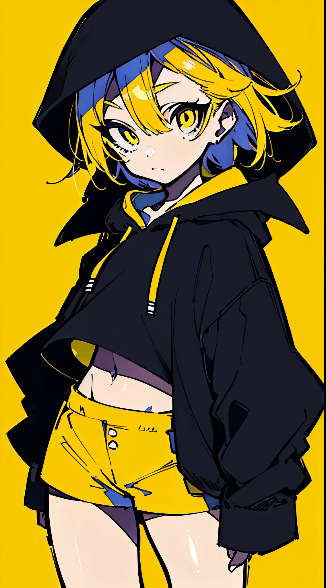 (masterpiece, highest quality:1.6), alone, thick outline, (simple background, Dark yellow background, monochrome, dark yellow theme:1.2), official art, Key Visual, 8K, disorganized, whole body, (Unique hair, Oversized Hoodies, hot pants, arch back, short torso:1.2), belly button, thighs, cowboy shot, HDR, sharp focus, High resolution, most detailed, very detailed, Super detailed, finely, detailed eyes and face, sharp pupils, realistic student