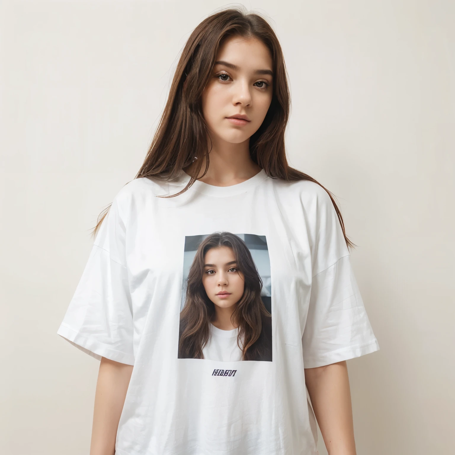 23 years old lady, big thighs, medium size , perfect body, perfect face, looking towards camera, seducing look, ultrarealistic, long hair, front view, in white oversized T-shirt with black Hello text printed on it, White wall background, stanfing straight, front view, cute face, looking into camera lens directly, lion on tshirt