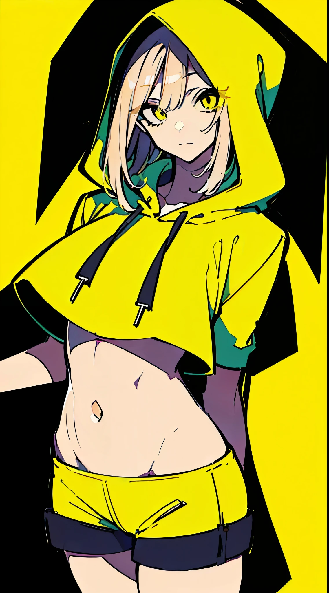 (masterpiece, highest quality:1.6), alone, thick outline, (simple background, Dark yellow background, monochrome, dark yellow theme:1.2), official art, Key Visual, 8K, disorganized, whole body, (Unique hair, Oversized Hoodies, hot pants, arch back, short torso:1.2), belly button, thighs, cowboy shot, HDR, sharp focus, High resolution, most detailed, very detailed, Super detailed, finely, detailed eyes and face, sharp pupils, realistic student