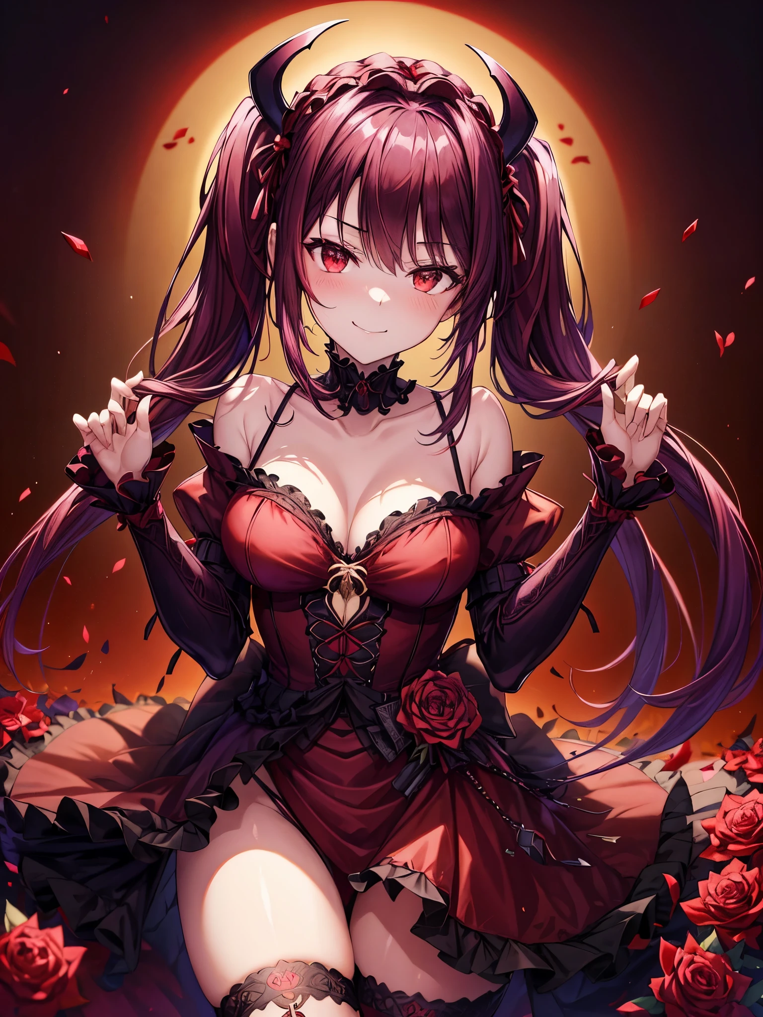 best quality,4K,high resolution),Ultradetailliert,realistisch,portrait,Dark red and purple hair succubus in a dark red and purple spring dress with gold decorations, Leuchtende Farben, delicate features, seductive glance, charming smile, wallende Haare, sanfte Beleuchtung