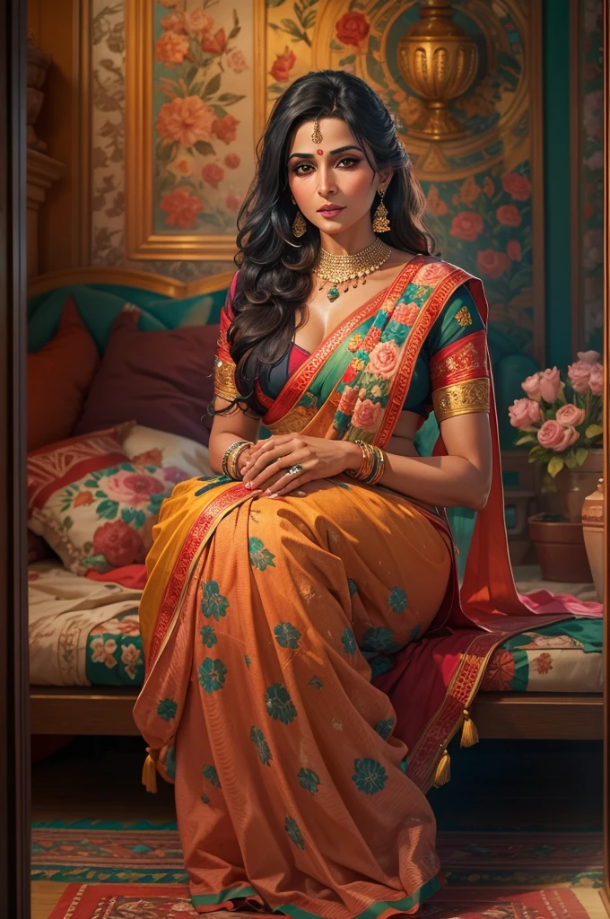 (best quality,ultra-detailed,photorealistic:1.37),clever Indian milf,sharp jawline,floral saree lifted up to knee,hands exposing her vagina and pussy,alluring expression,vibrant colors,soft lighting,traditional decor