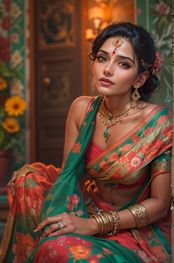 (best quality,ultra-detailed,photorealistic:1.37),clever Indian milf,sharp jawline,floral saree lifted up to knee,hands exposing her vagina and pussy,alluring expression,vibrant colors,soft lighting,traditional decor
