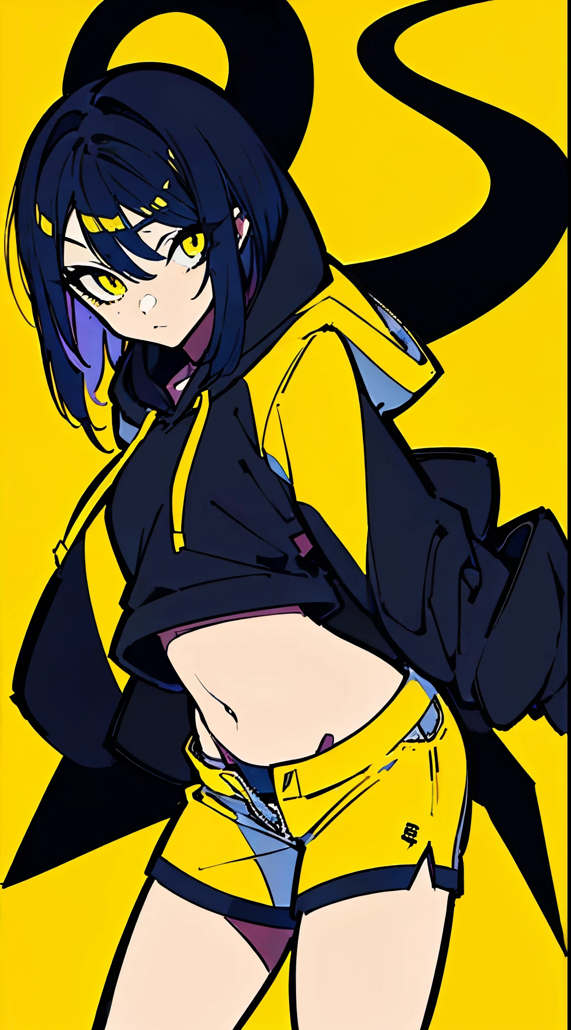 (masterpiece, highest quality:1.6), alone, thick outline, (simple background, Dark yellow background, monochrome, dark yellow theme:1.2), official art, Key Visual, 8K, disorganized, whole body, (Unique hair, Oversized Hoodies, hot pants, arch back, short torso:1.2), belly button, thighs, cowboy shot, HDR, sharp focus, High resolution, most detailed, very detailed, Super detailed, finely, detailed eyes and face, sharp pupils, realistic student